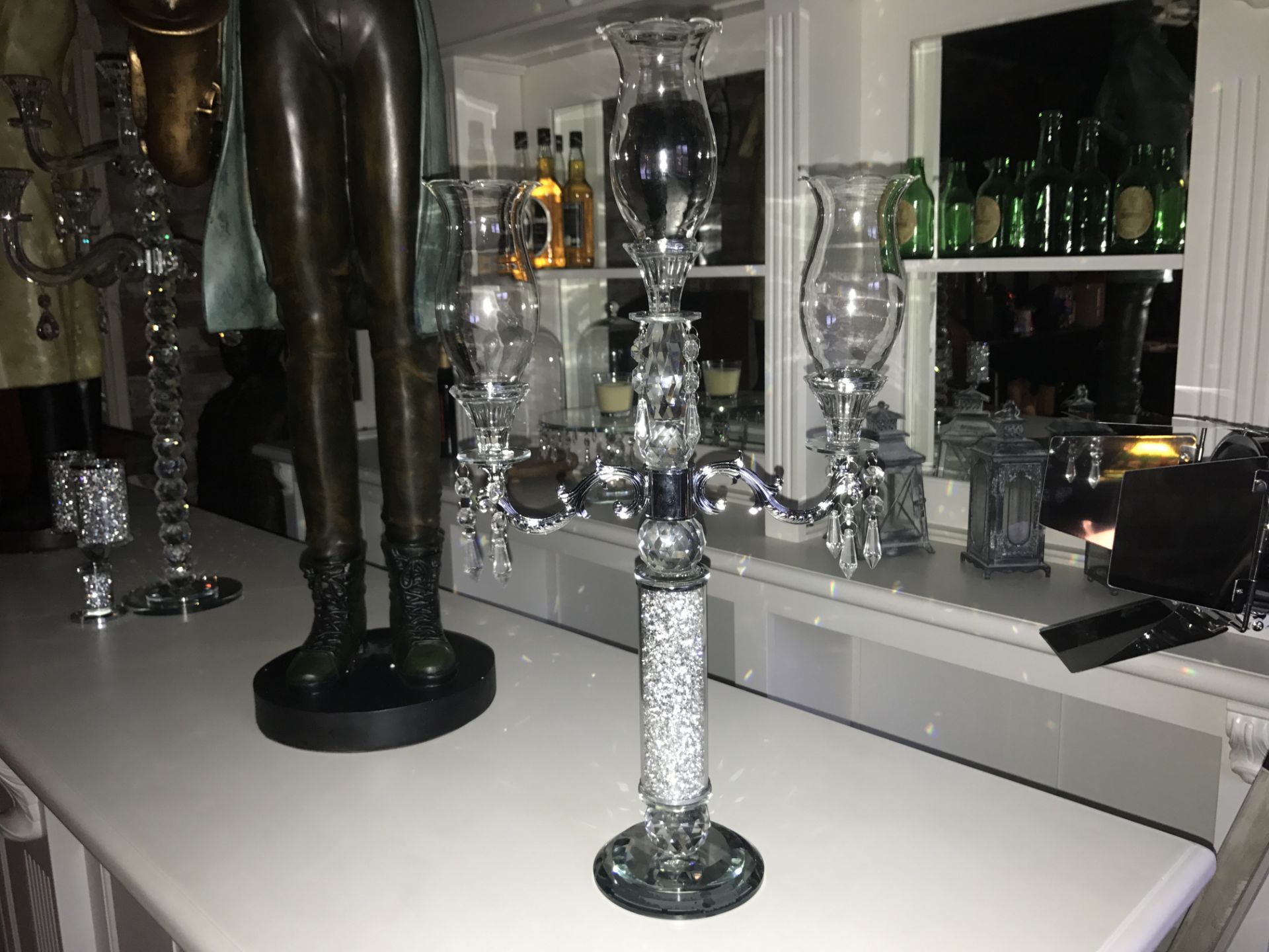 BOXED NEW 3 BRANCH GLAZED CRYSTAL CANDLE HOLDER