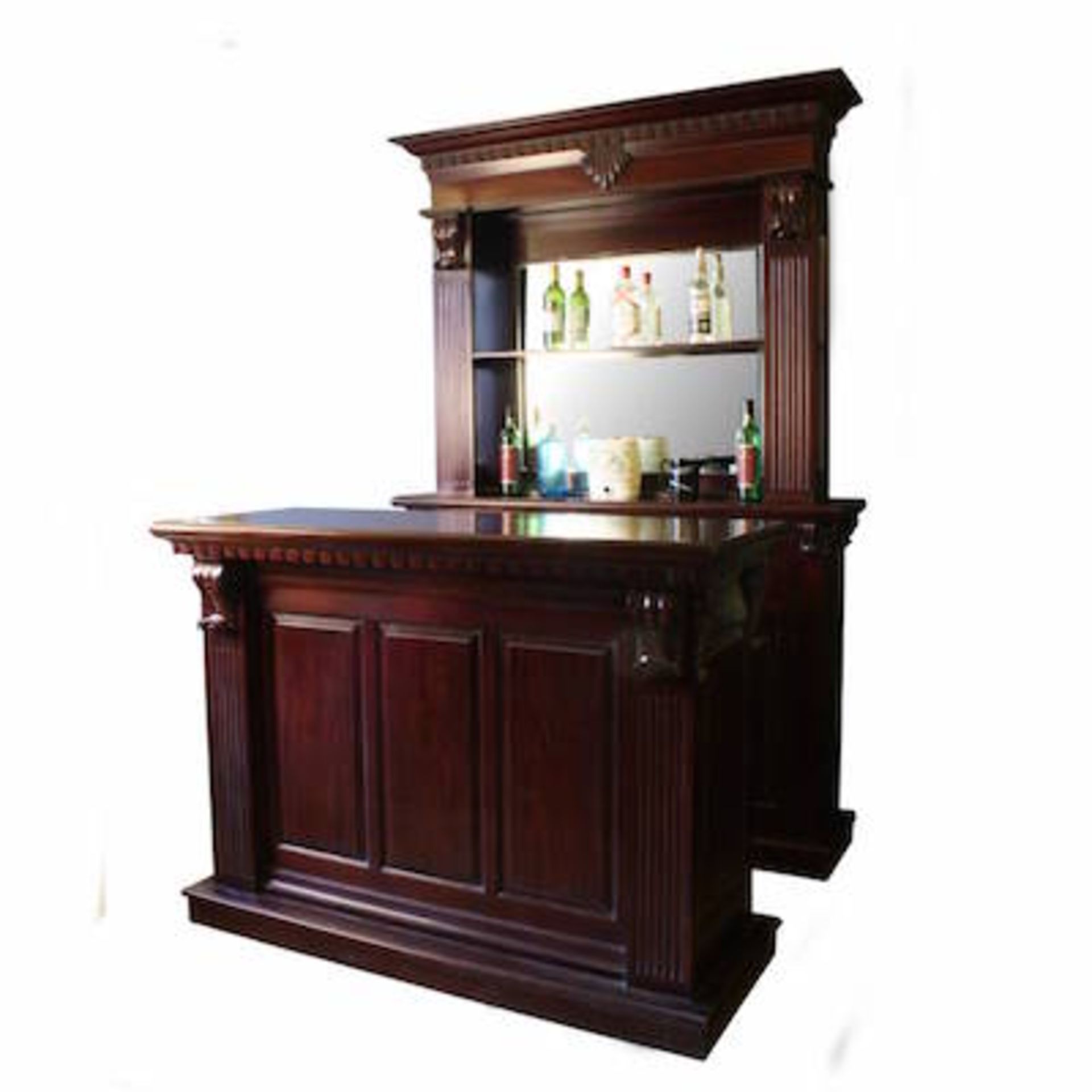 NEW SOLID 1.5M MAHOGANY FULLY FITTED HOME BAR AND BACK BAR C/W DRAWERS/SHELVES/WINERACK