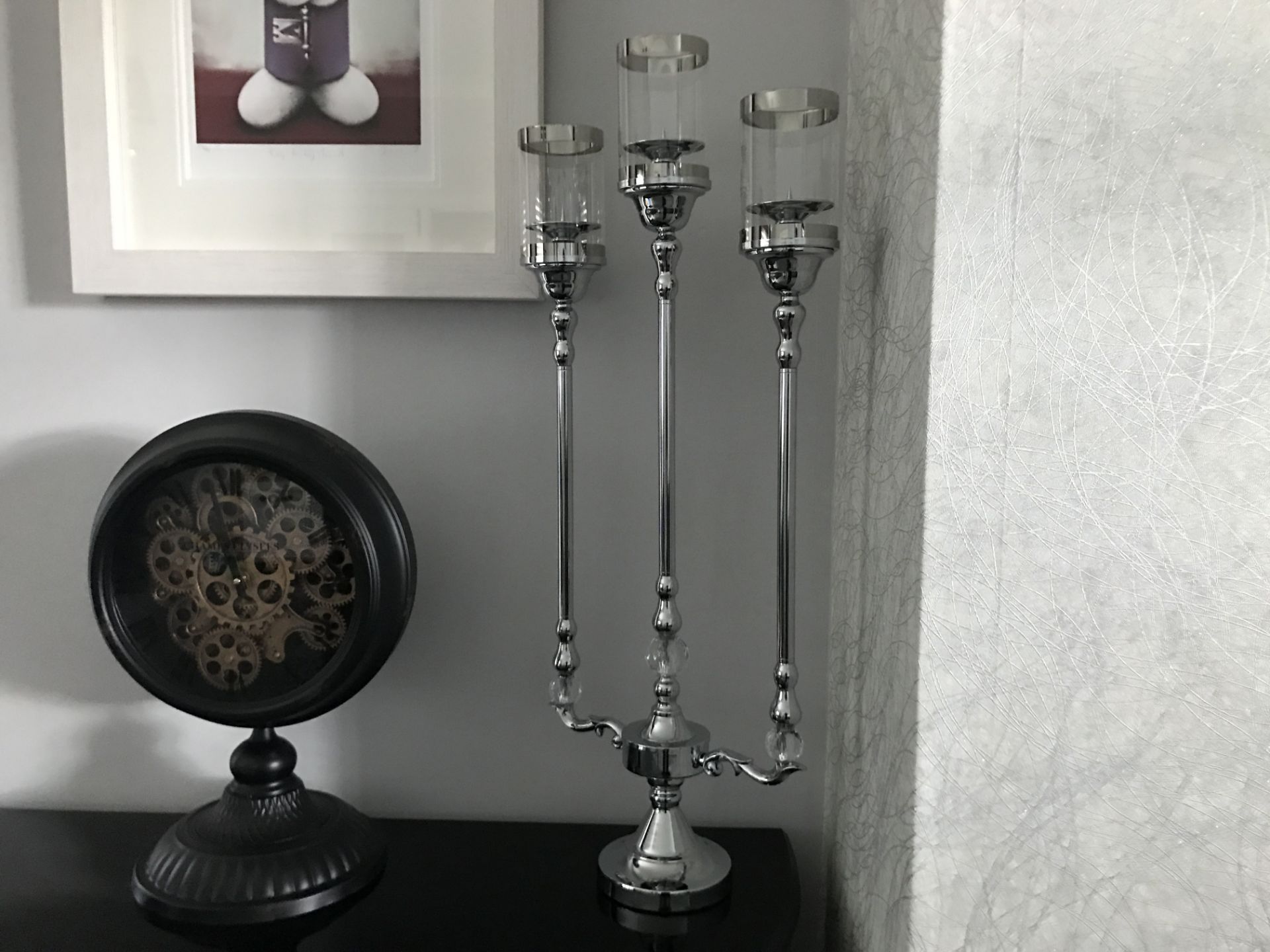 NEW BOXED DESIGNER GLAZED CHROME TRIO SET OF CANDLE STICKS