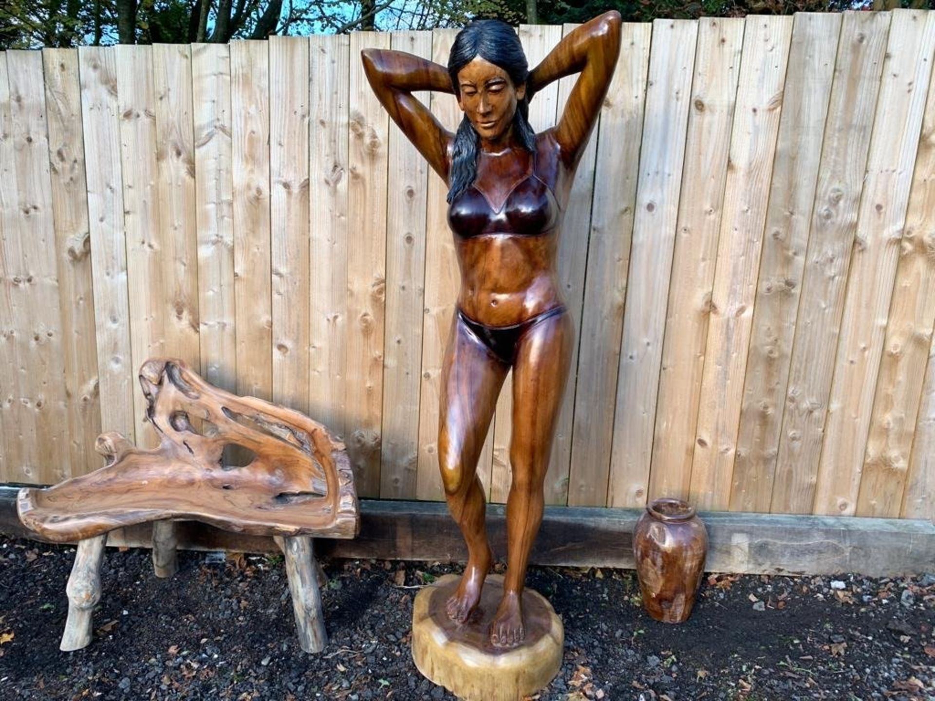 EXCEPTIONAL INTERESTING MODERN ART 2M TALL HANDCARVED HIGHLY DETAILED AND POLISHED LADY IN BIKINI