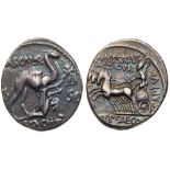 M. Aemilius Scaurus and Pub. Plautius Hypsaeus. Silver Denarius (3.90 g), 58 BC. EF