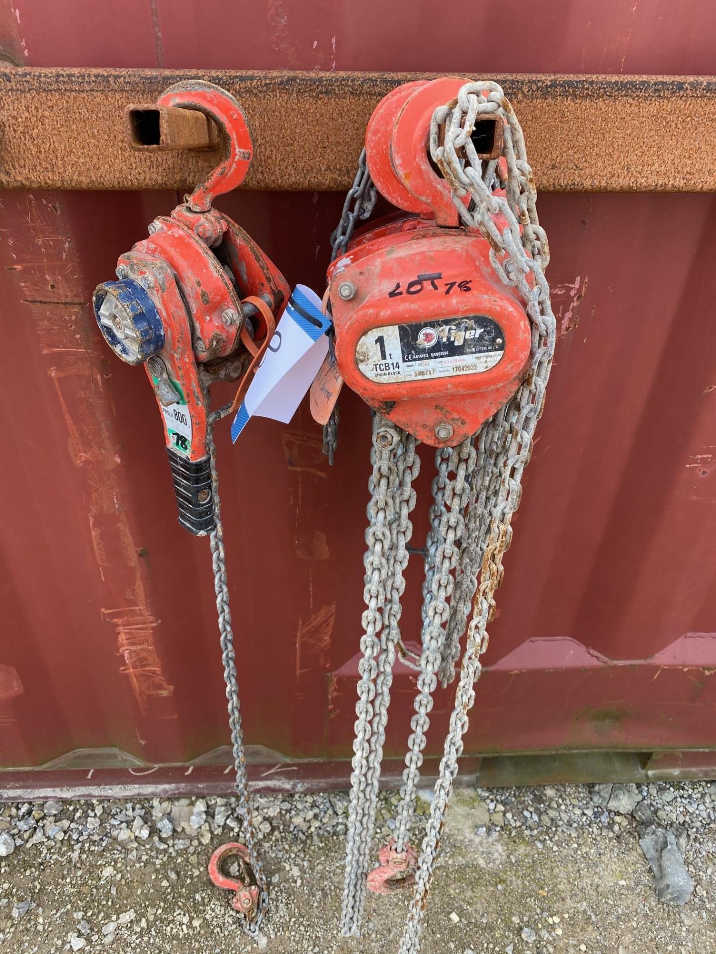 2x Tiger, Model: TCB14, 1 Tonne Manual Chain Hoist, 6.3m drop x 19mm and 7.1m Drop x 21mm (