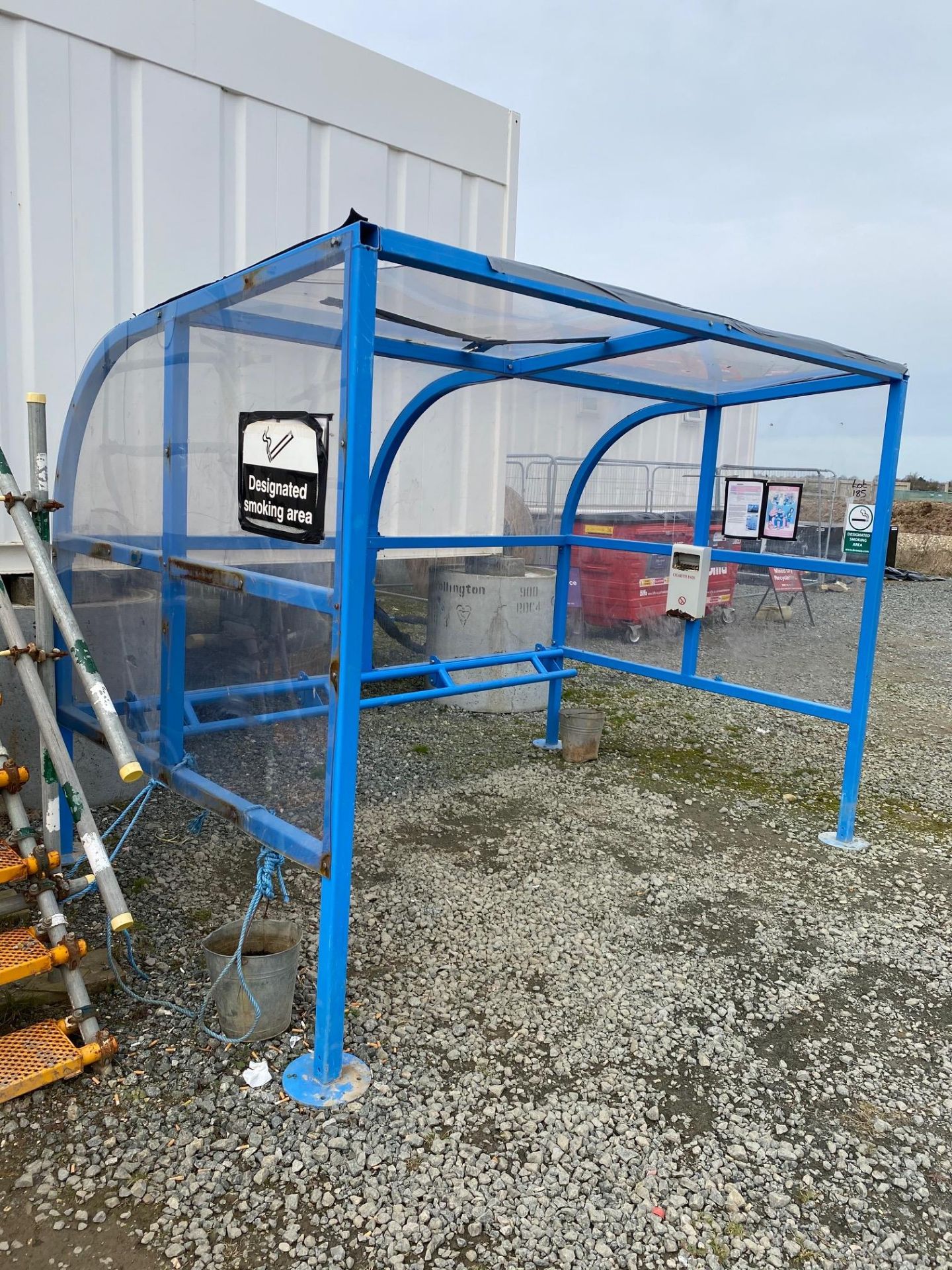 Smoking Shelter Blue Finished Steel Construction, Perch Rail Seat, with Clear Polycarbonate Panels
