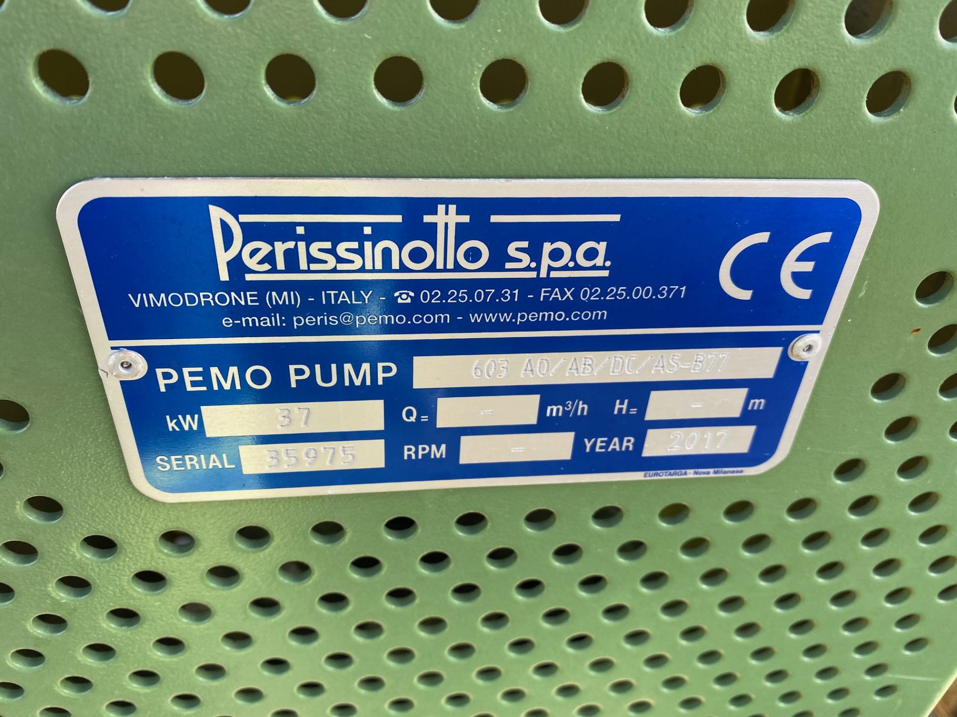 Perissinotto SPA, Model: 603AC/AB/AS-B77 Pemo Pump, 3Ph, 37kw Motor, DOM: 2017, Serial No. 35975 ( - Image 7 of 8