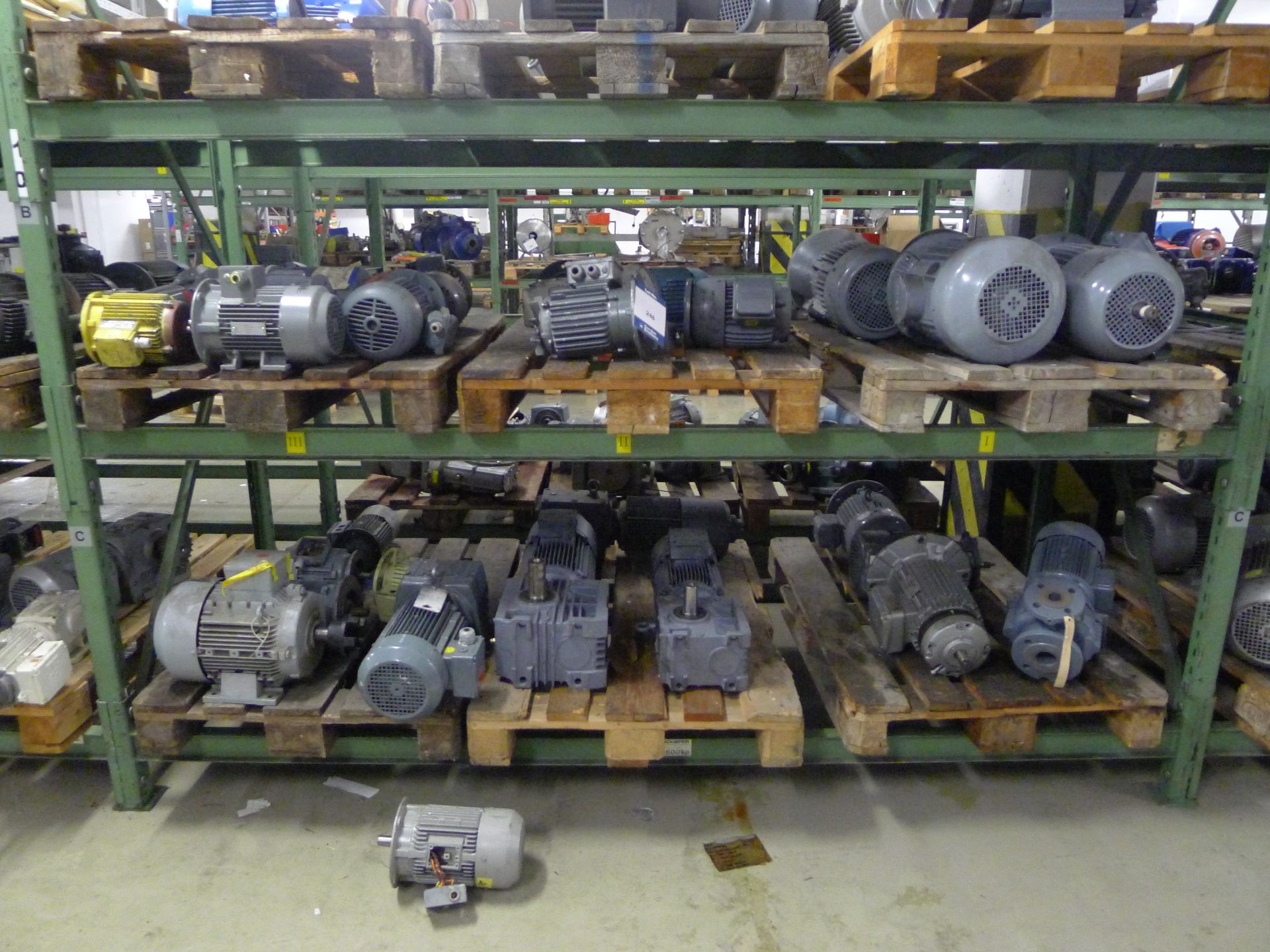 Contents to Racking Bay 7 to Include 38 SEW, Electrim, ABM Assorted Pumps, Motors and Drives (