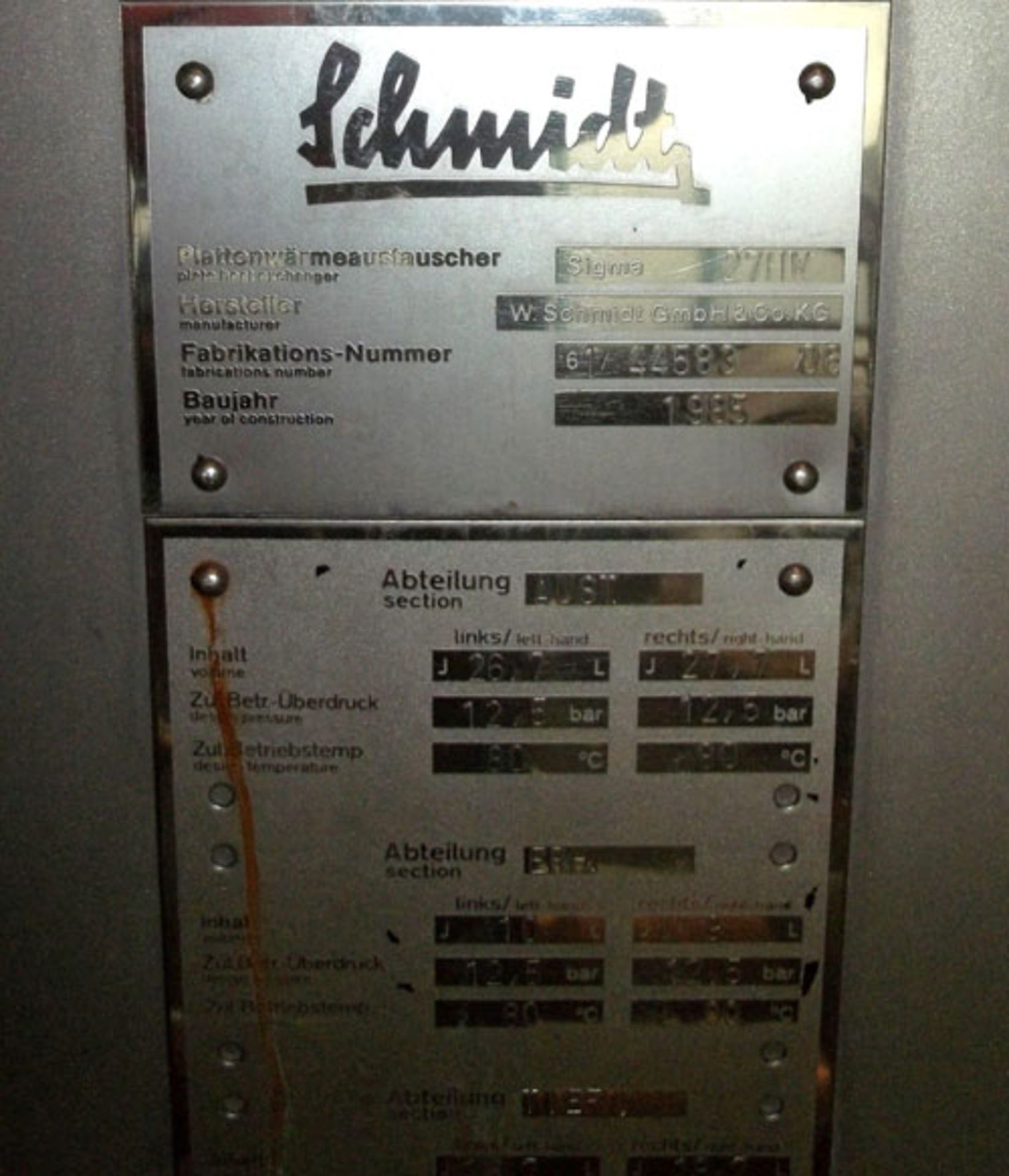 W Schmidt type Sigma 27HW stainless steel plate heat exchanger. Max. working pressure 12.5 bar at - Image 6 of 8