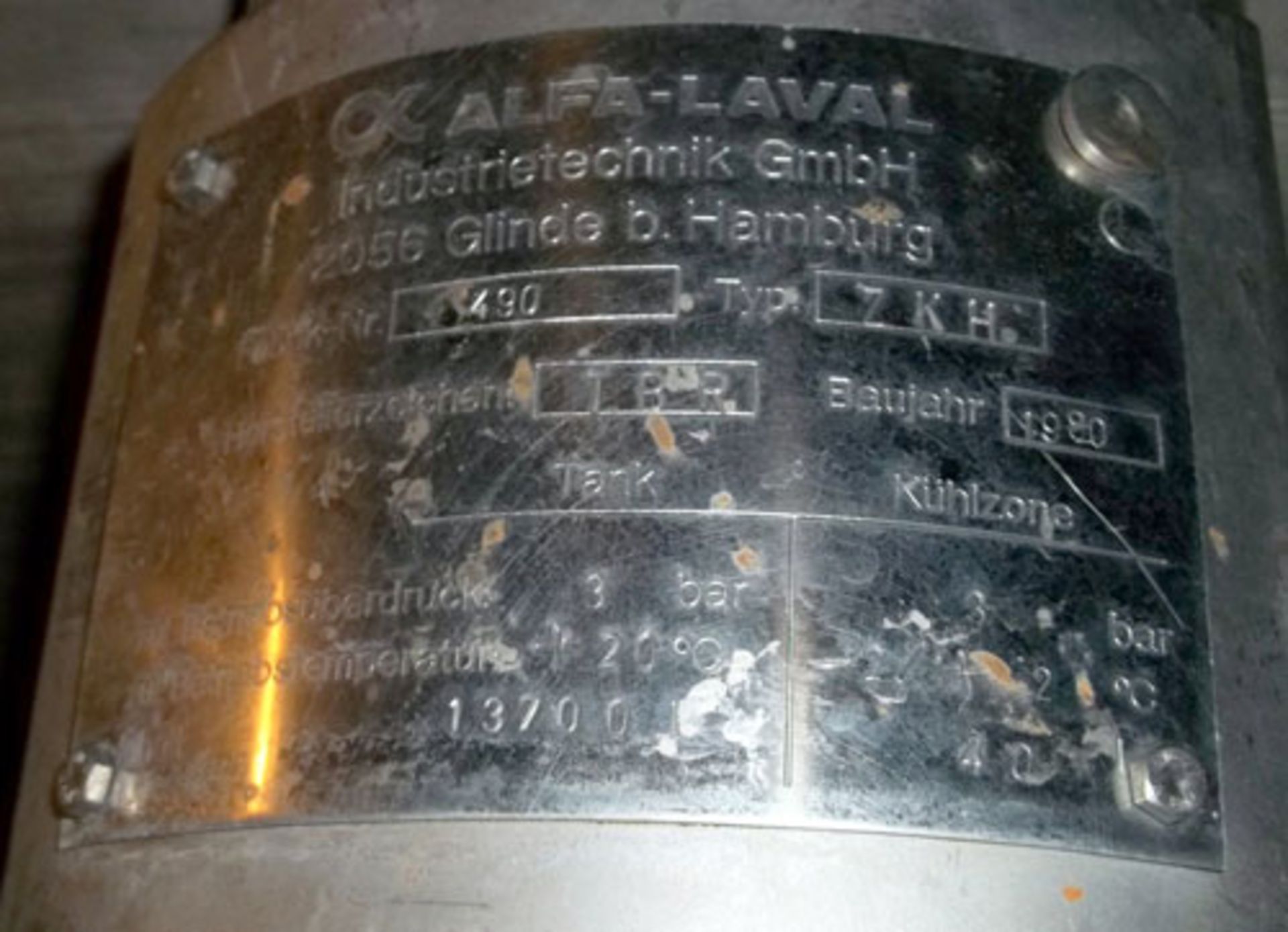 Alfa Laval type ZKH 3624 gallon/13700 liter capacity stainless steel tank. Rated for 3 bar (45 - Image 5 of 5