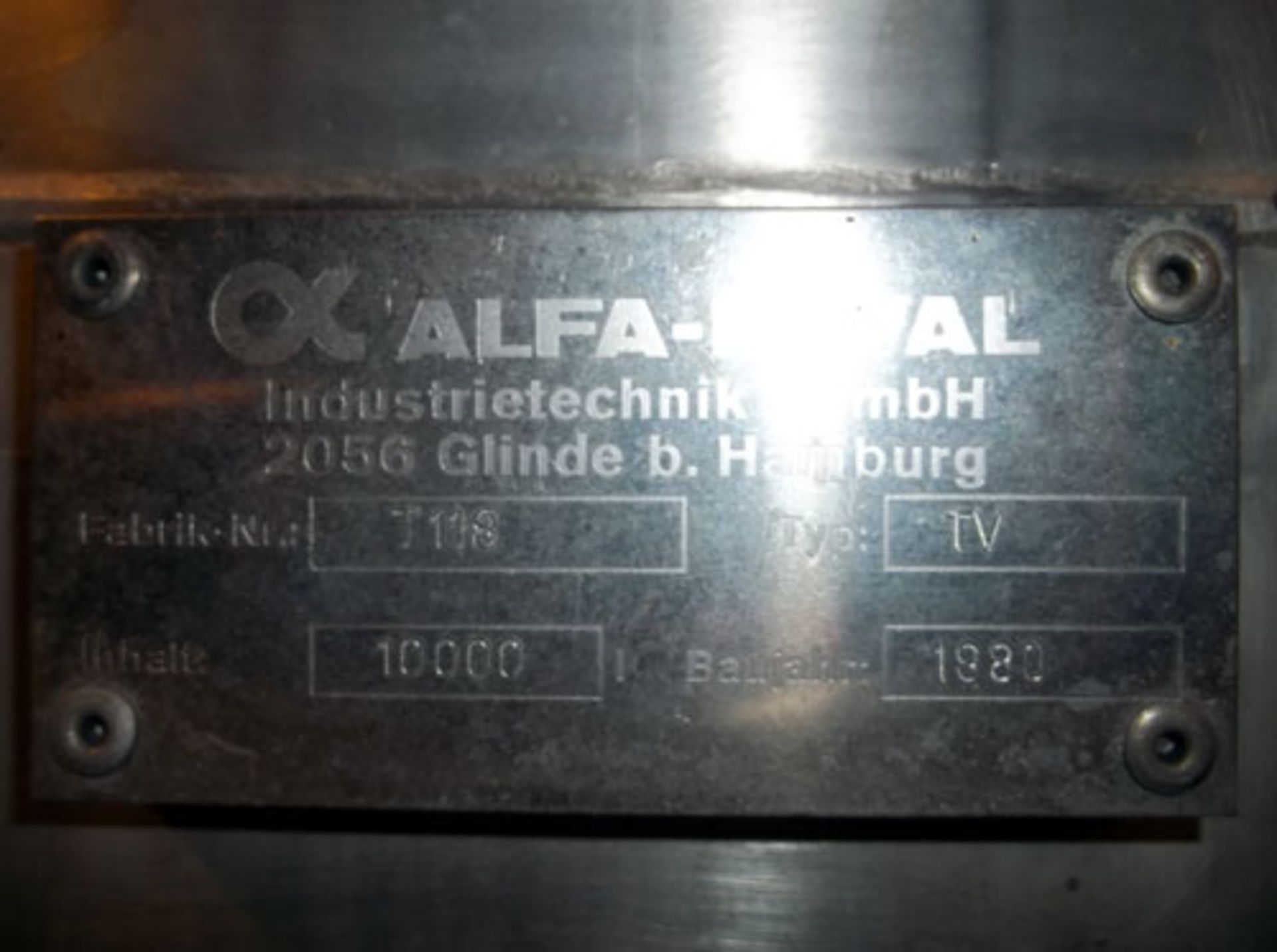 Alfa-Laval Tank, 10000 Liter (2641 Gallon), Type TV, Stainless Steel, Vertical. Coned bottom. - Image 4 of 4