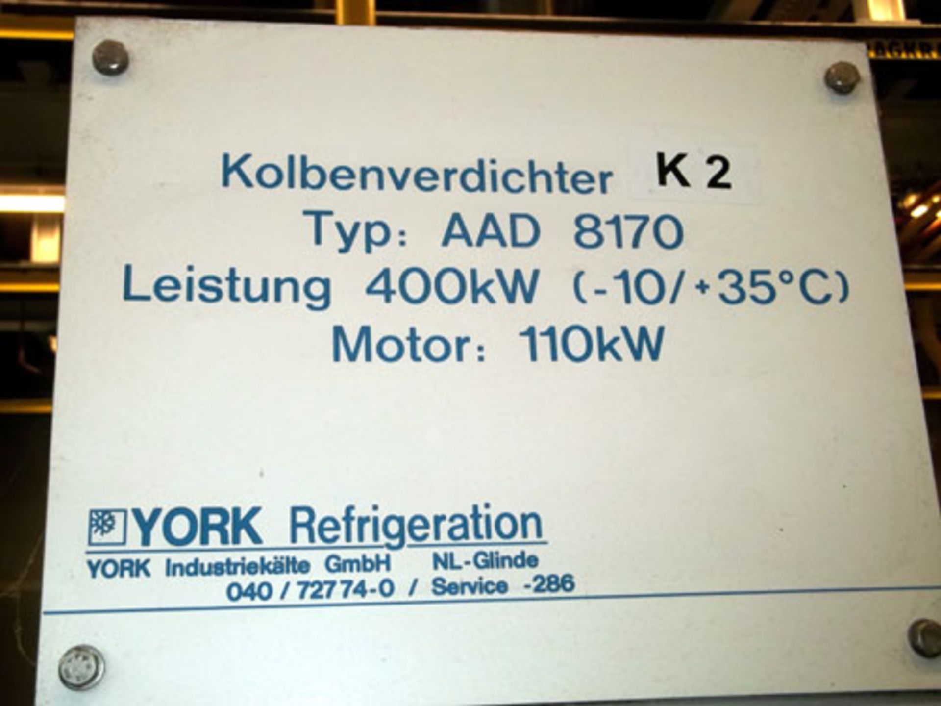 York Refrigeration Cooling Compressor, Type AAD 8170. 400 Kw (-10/+35 degrees C.), 665 m3/h. With - Image 6 of 7