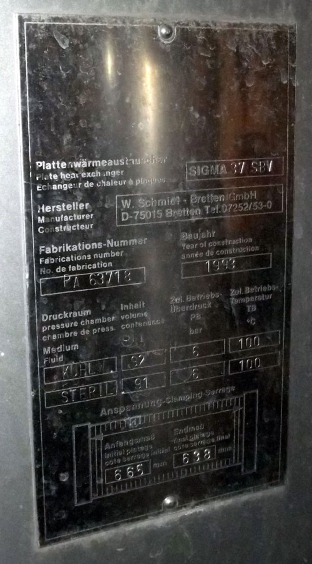 W Schmidt type Sigma 37SBV. stainless steel plate heat exchanger Max. working pressure 6 bar at a - Image 5 of 5