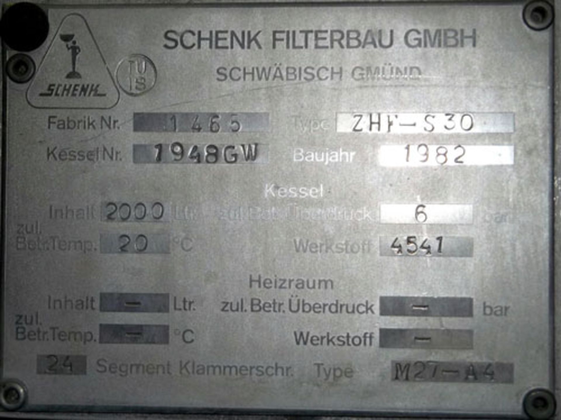 Schenk Kieselguhr Centrifugal Discharge Precoat Filter, Type ZHF-S 30, Stainless Steel. - Image 5 of 7