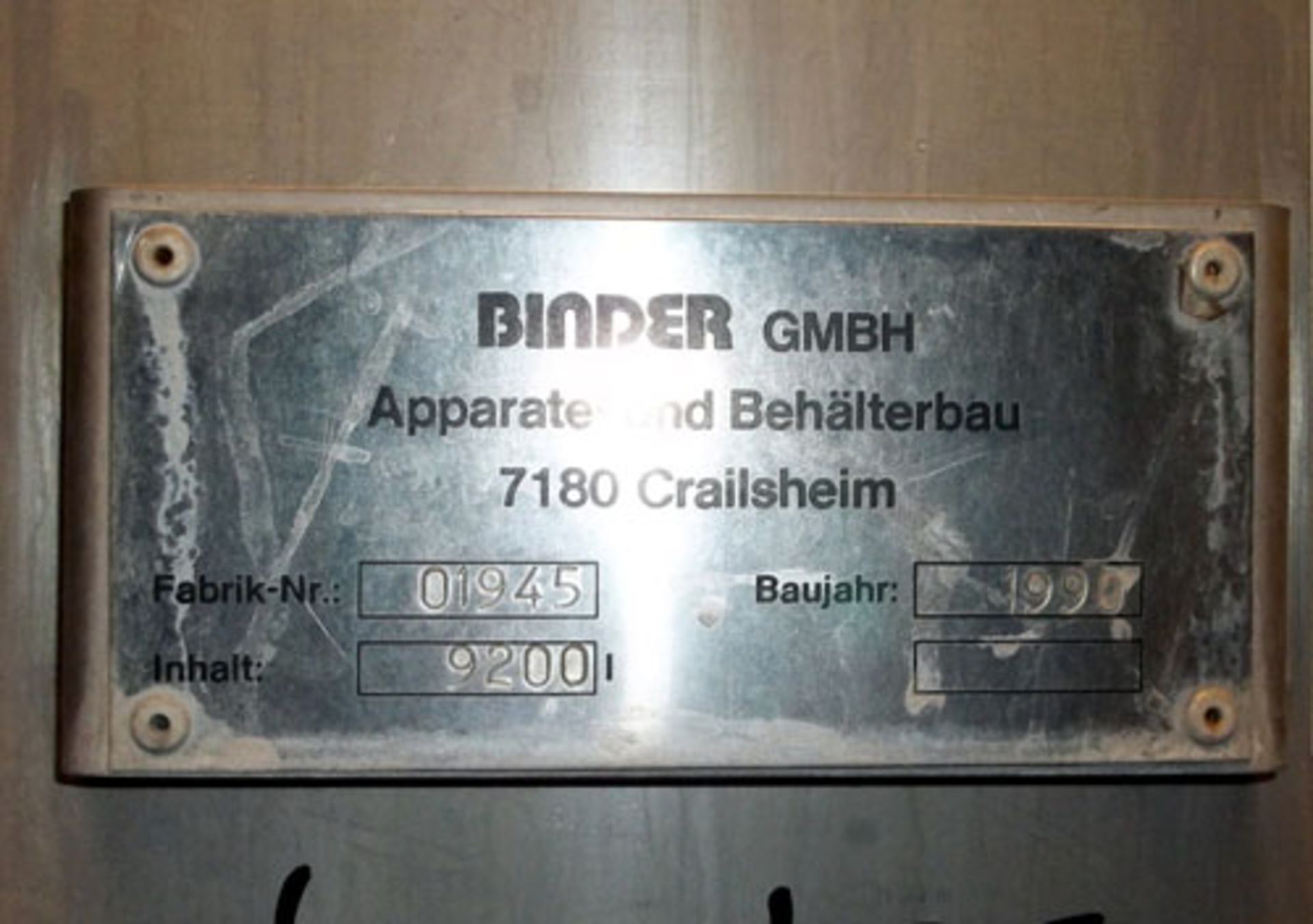 Binder GMBH Tank, 9200 Liter (2430 Gallon), Stainless Steel, Vertical Coned bottom. Mounted on legs. - Image 5 of 5