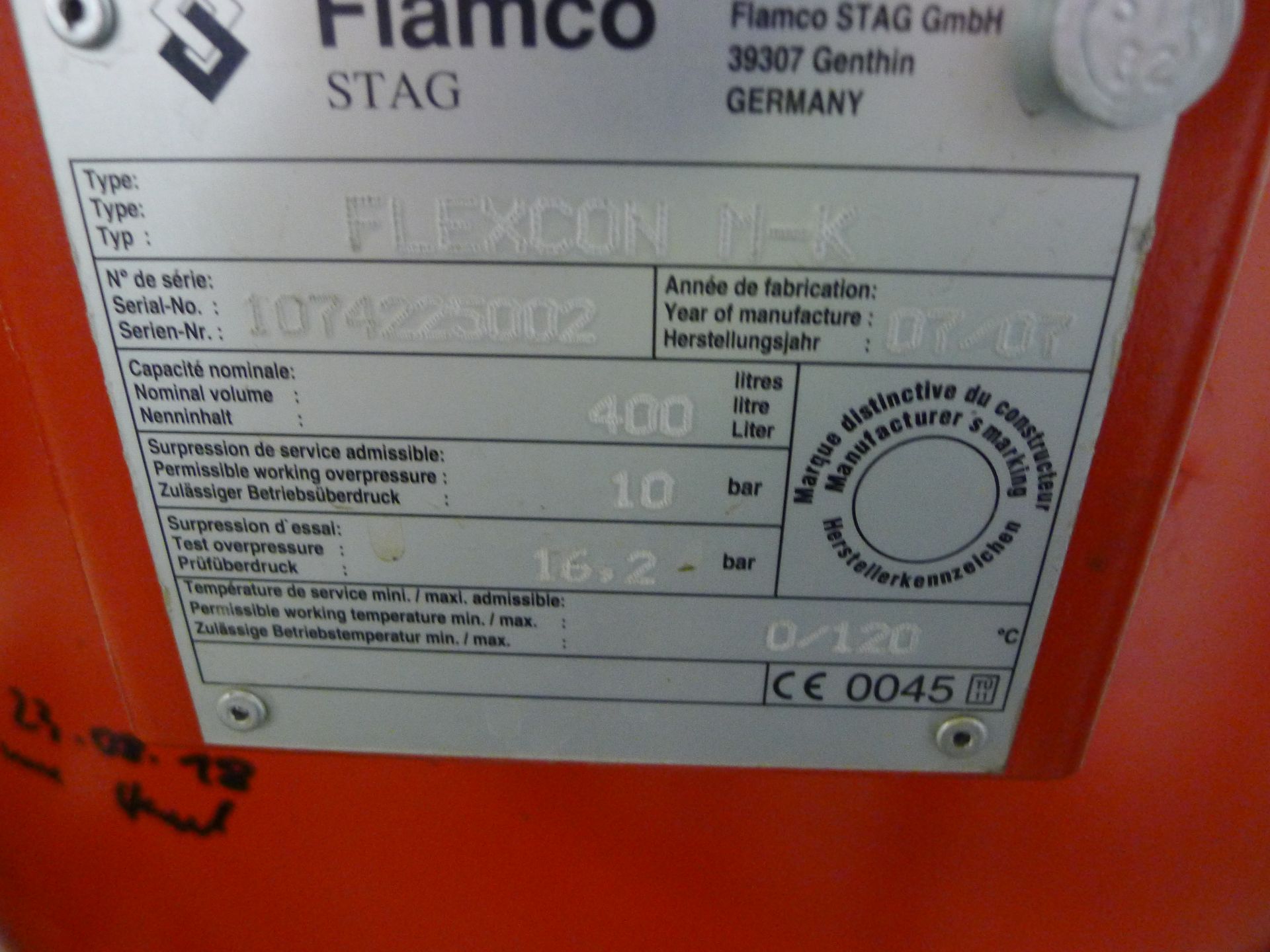 Flamco Flexcon M-K, 400 Ltr Capacity Pressure Vessel S/N 1074225002 (Dismantling and Loading Fee: € - Image 2 of 2