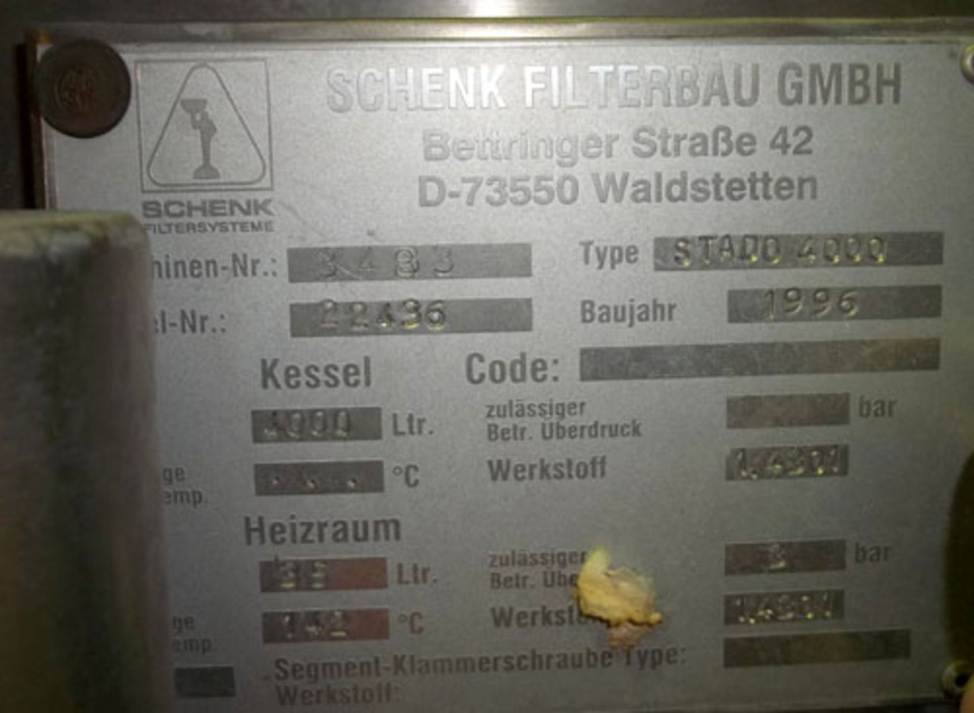Schenk “Kieselgur” type HF-STR60-C3 stainless steel filtration system. 500 HL capacity. New 1996. - Image 7 of 9