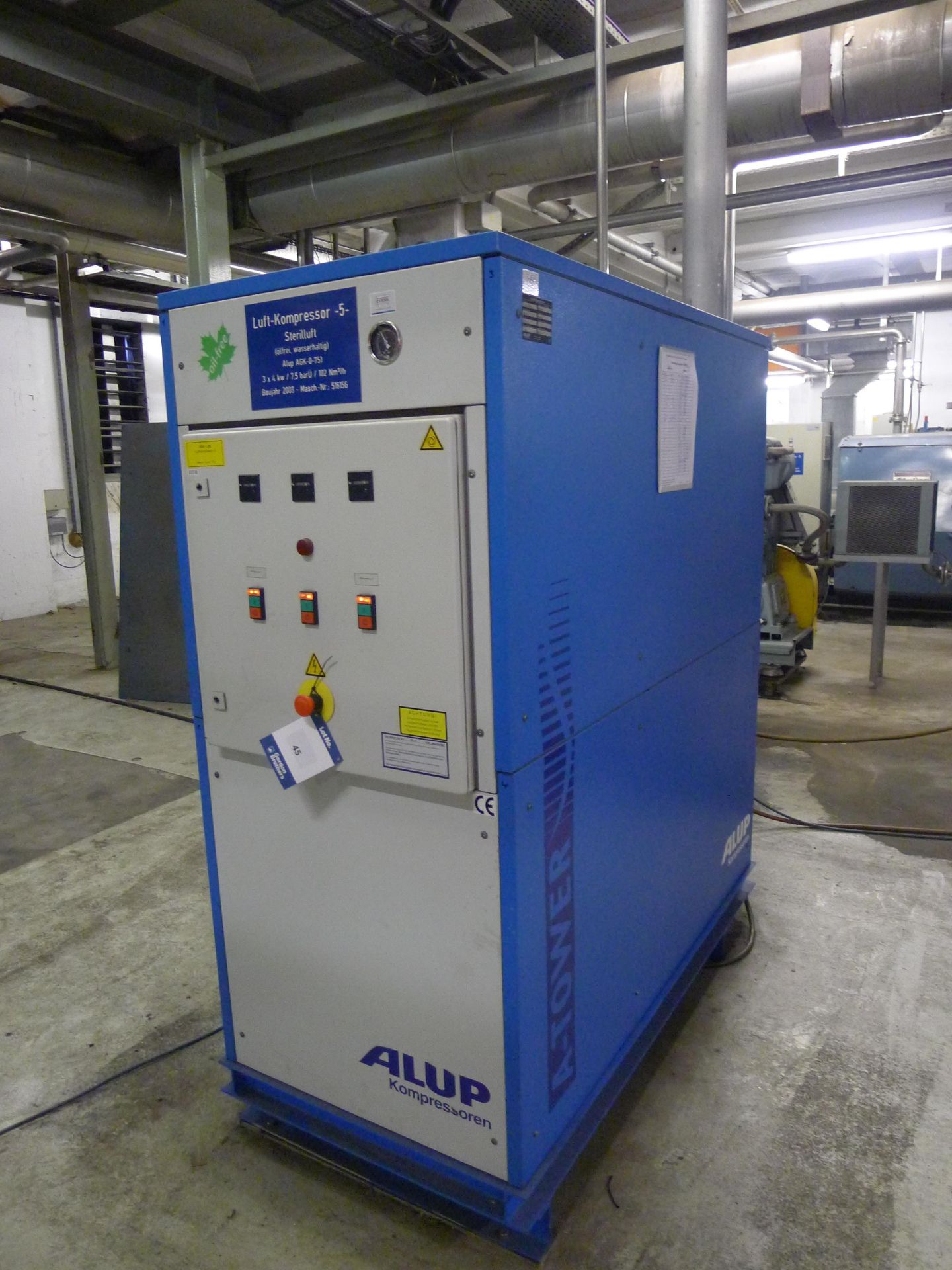 Alup type A-Tower compressor 102 Nm3/hr. 7.5 bar. New 2003. (Dismantling and Loading Fee: €250)