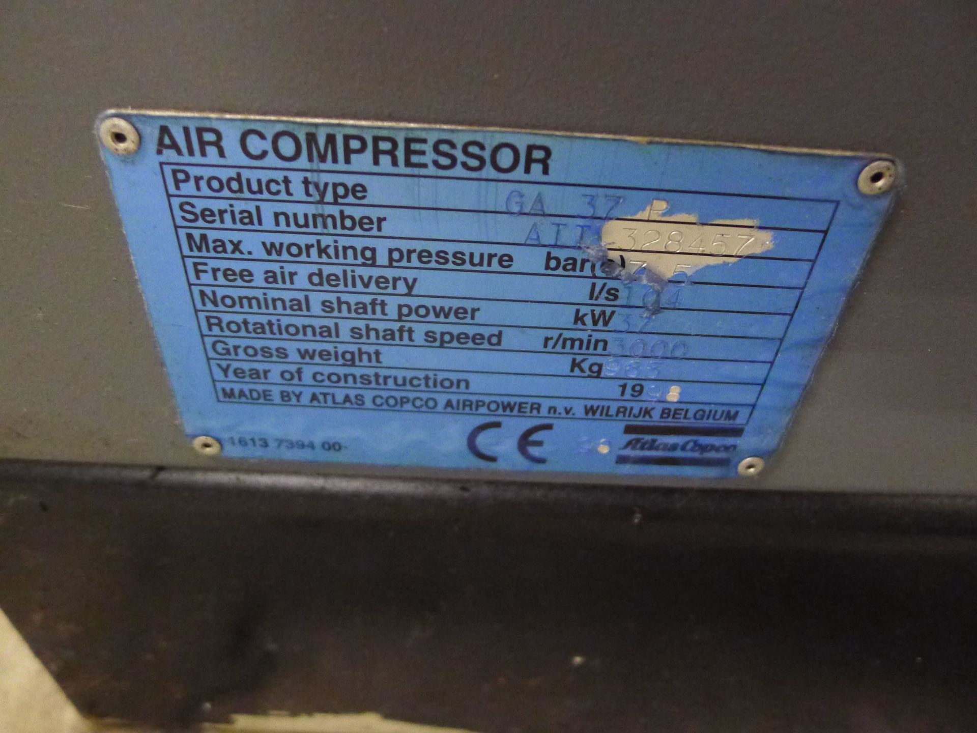 Atlas Copco GA37 rotary screw compressor. Serial number ATT328457 (Dismantling and Loading Fee: € - Image 4 of 4