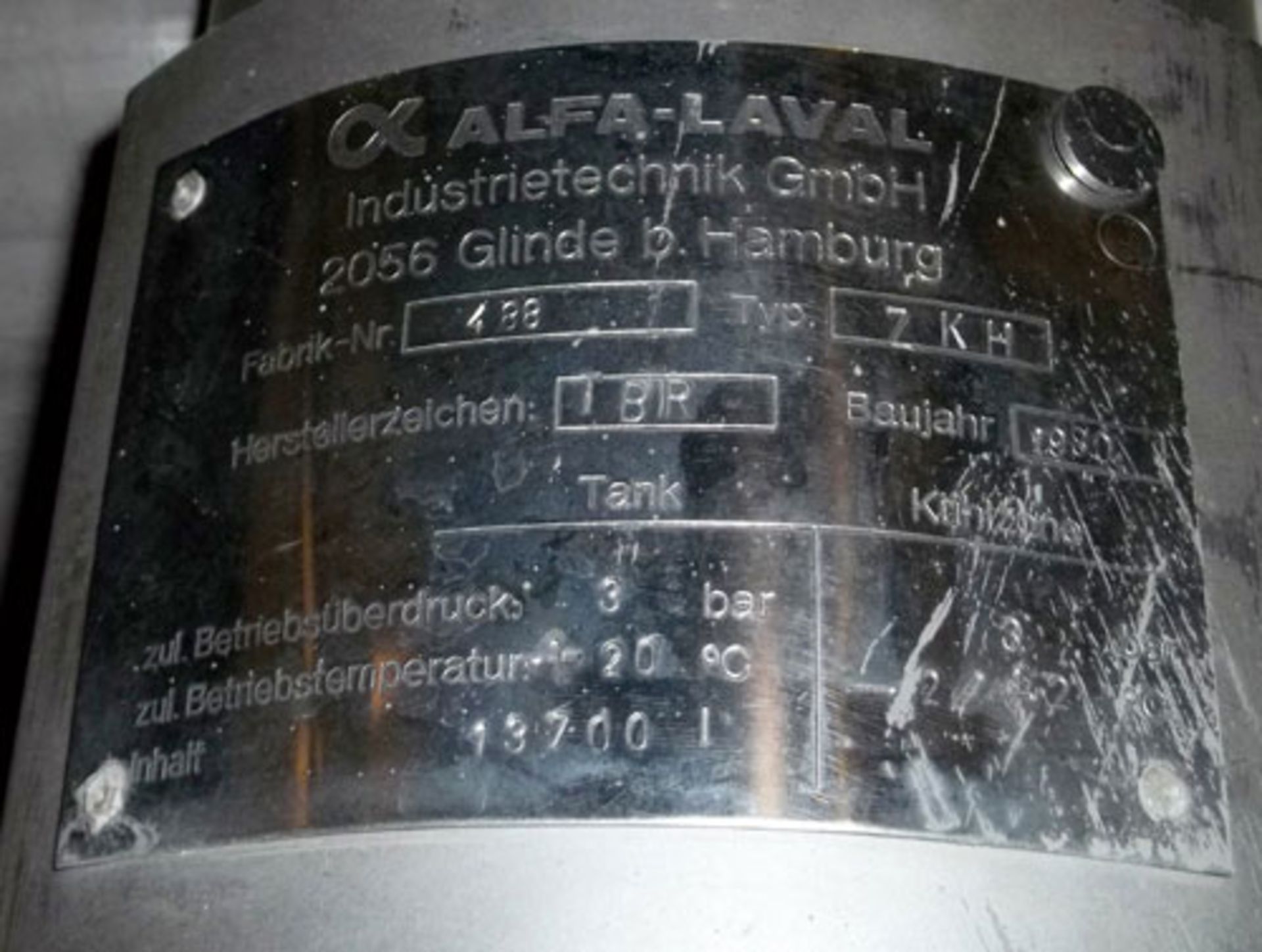 Alfa Laval type ZKH 3624 gallon/13700 liter capacity stainless steel tank. Rated for 3 bar (45 - Image 5 of 5