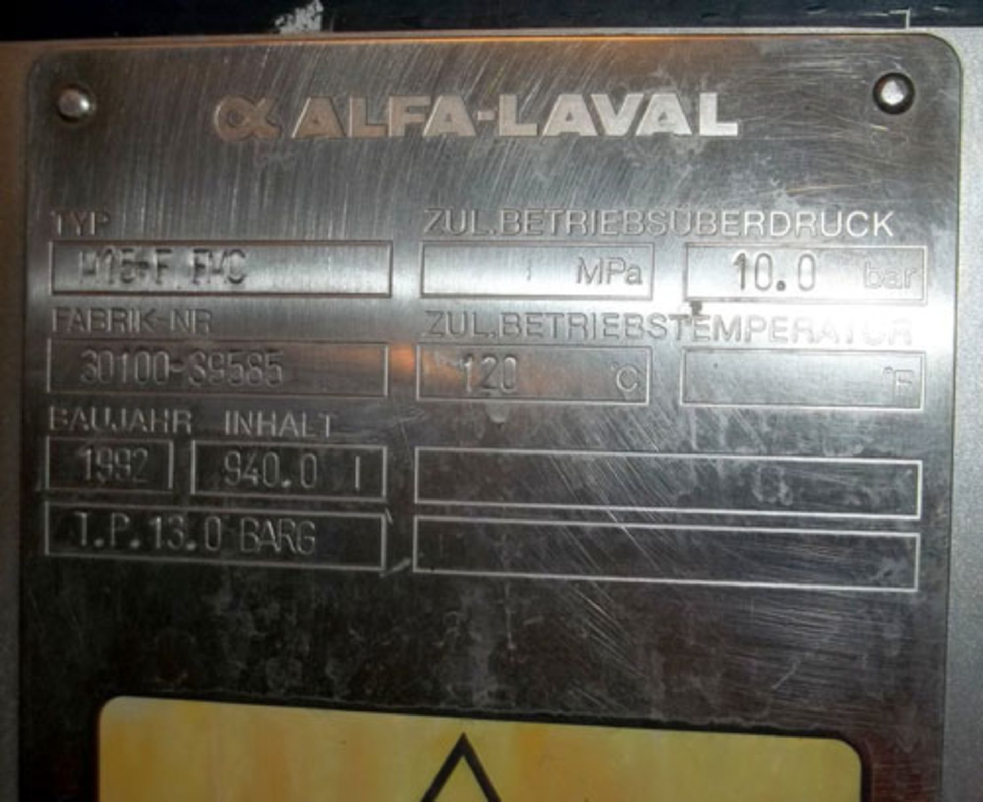 Alfa Laval type M15-F-FMC stainless steel plate heat exchanger. Max. working pressure 195 PSI/13 bar - Image 7 of 7