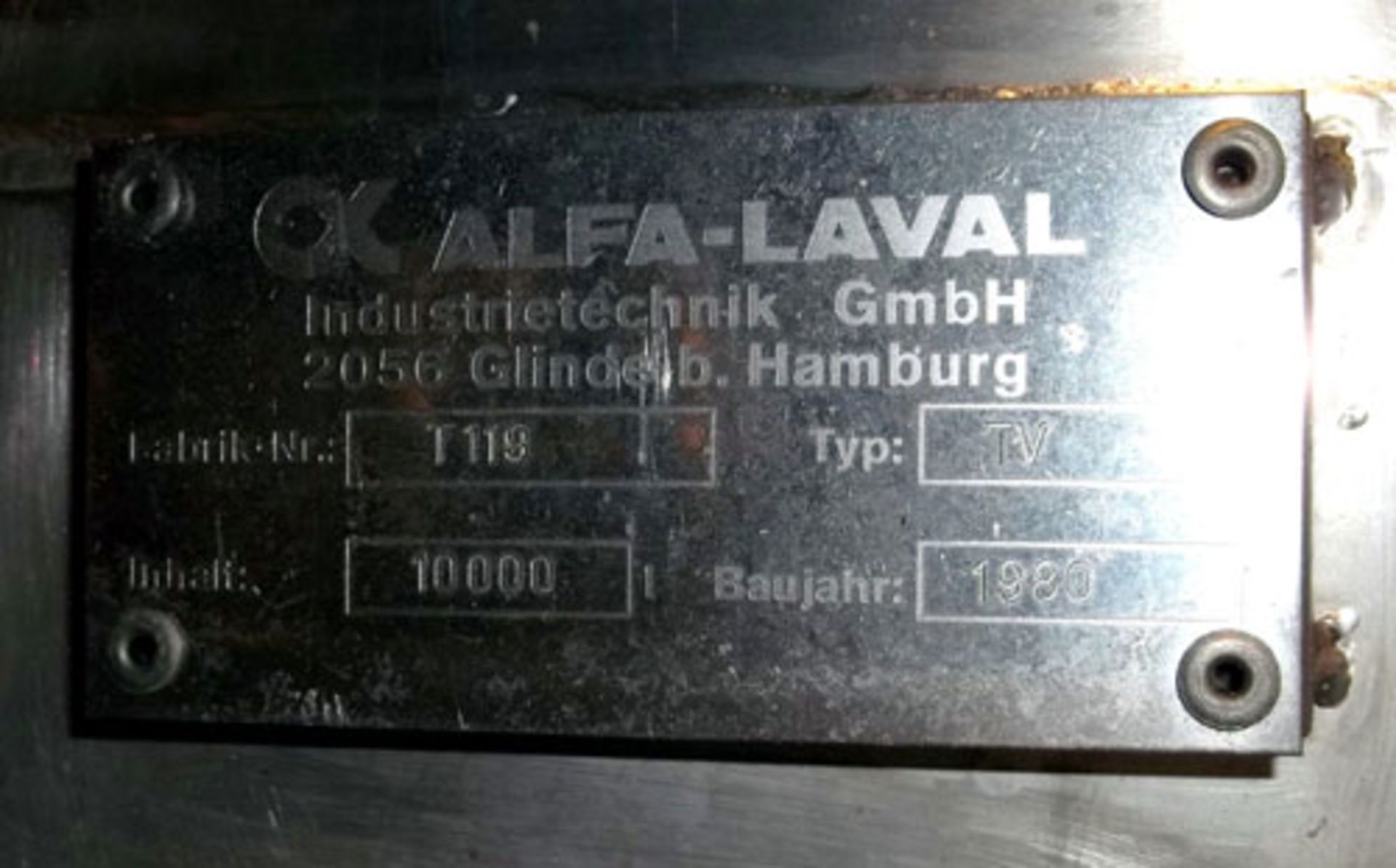 Alfa-Laval Tank, 10000 Liter (2641 Gallon), Type TV, Stainless Steel, Vertical. Coned bottom. - Image 4 of 4