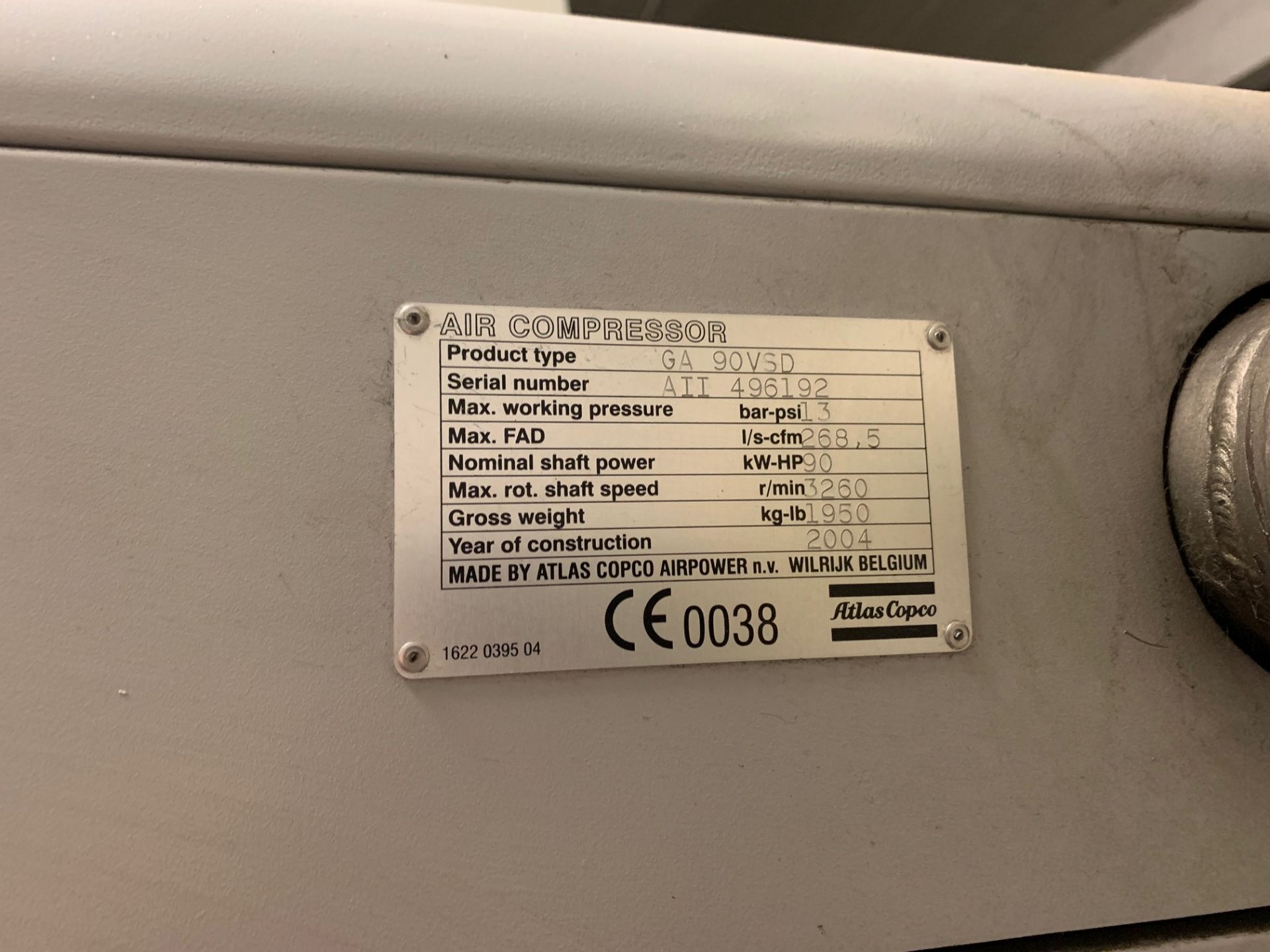 Atlas Copco GA 90VSD air compressor. Serial number - Image 3 of 4