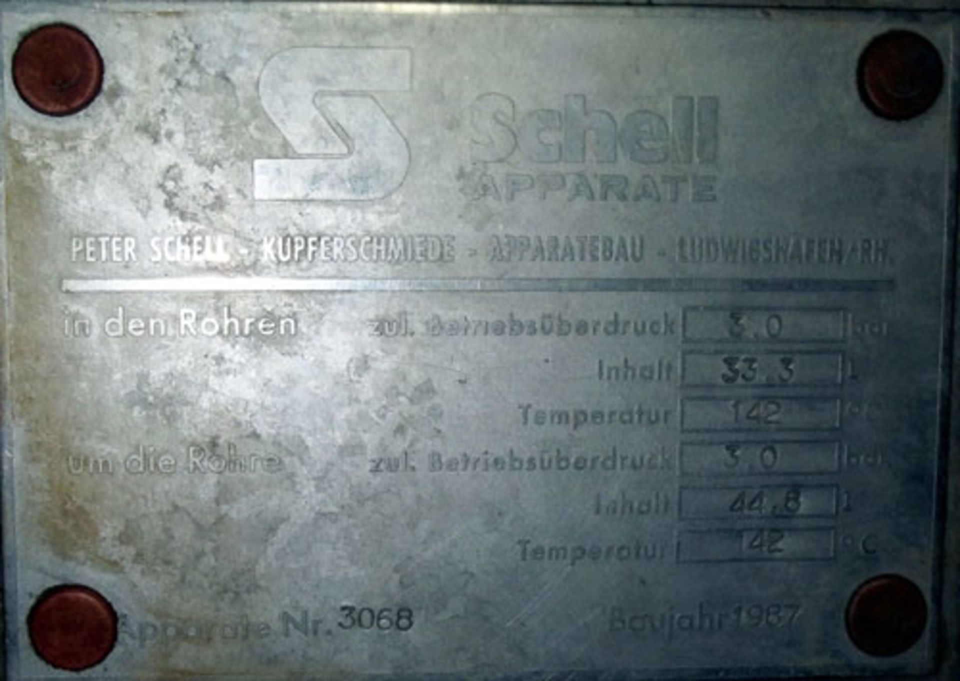 Schell Apparate Shell & Tube Heat Exchanger, Stainless Steel. Shell 44.8 liter rated 3 bar at 142 - Image 3 of 3