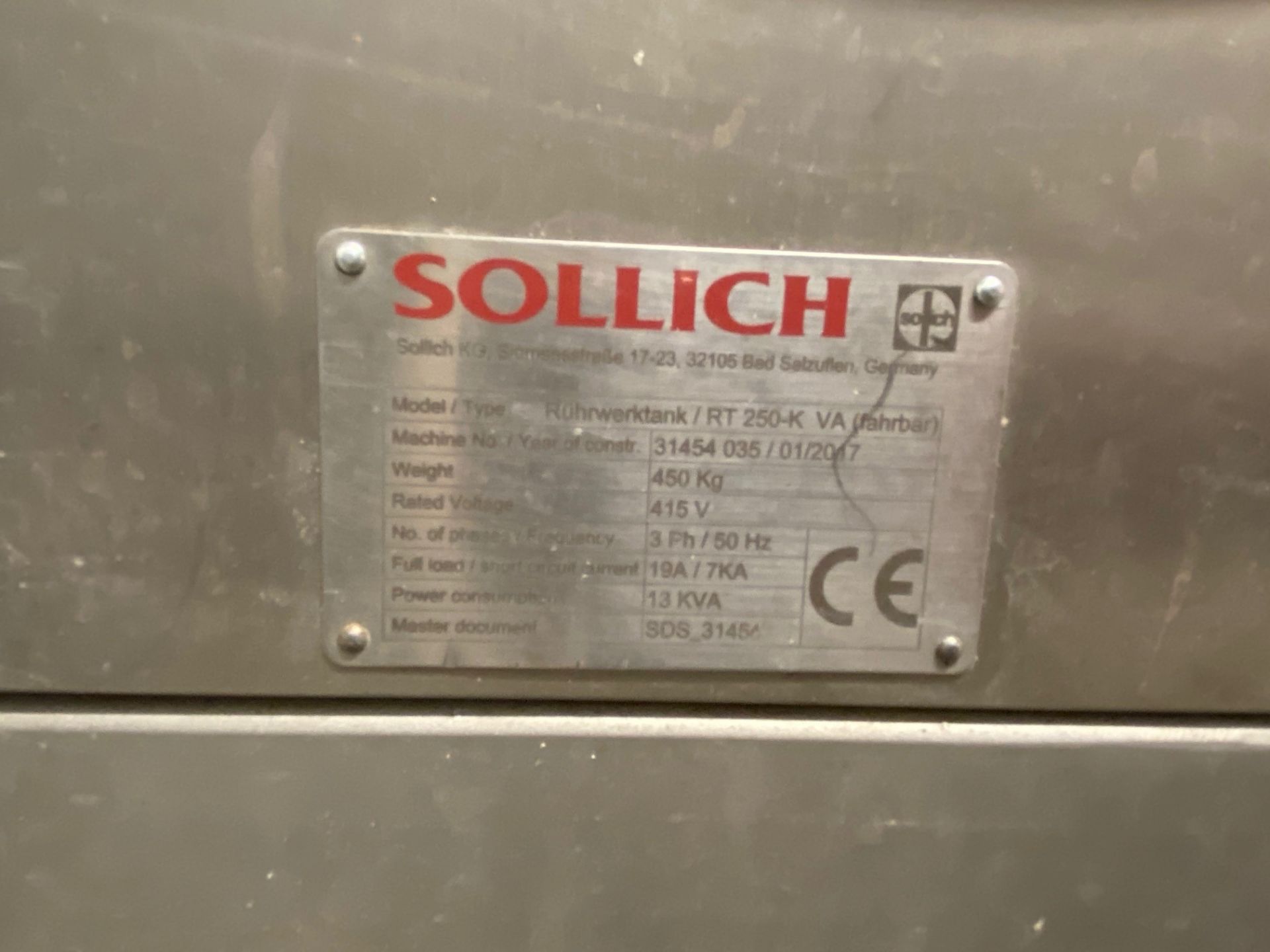 Sollich, Model: RT 250-K VA, 250kg mobile chocolate melting tank, Serial No. 31454035 (2017) with - Image 4 of 4