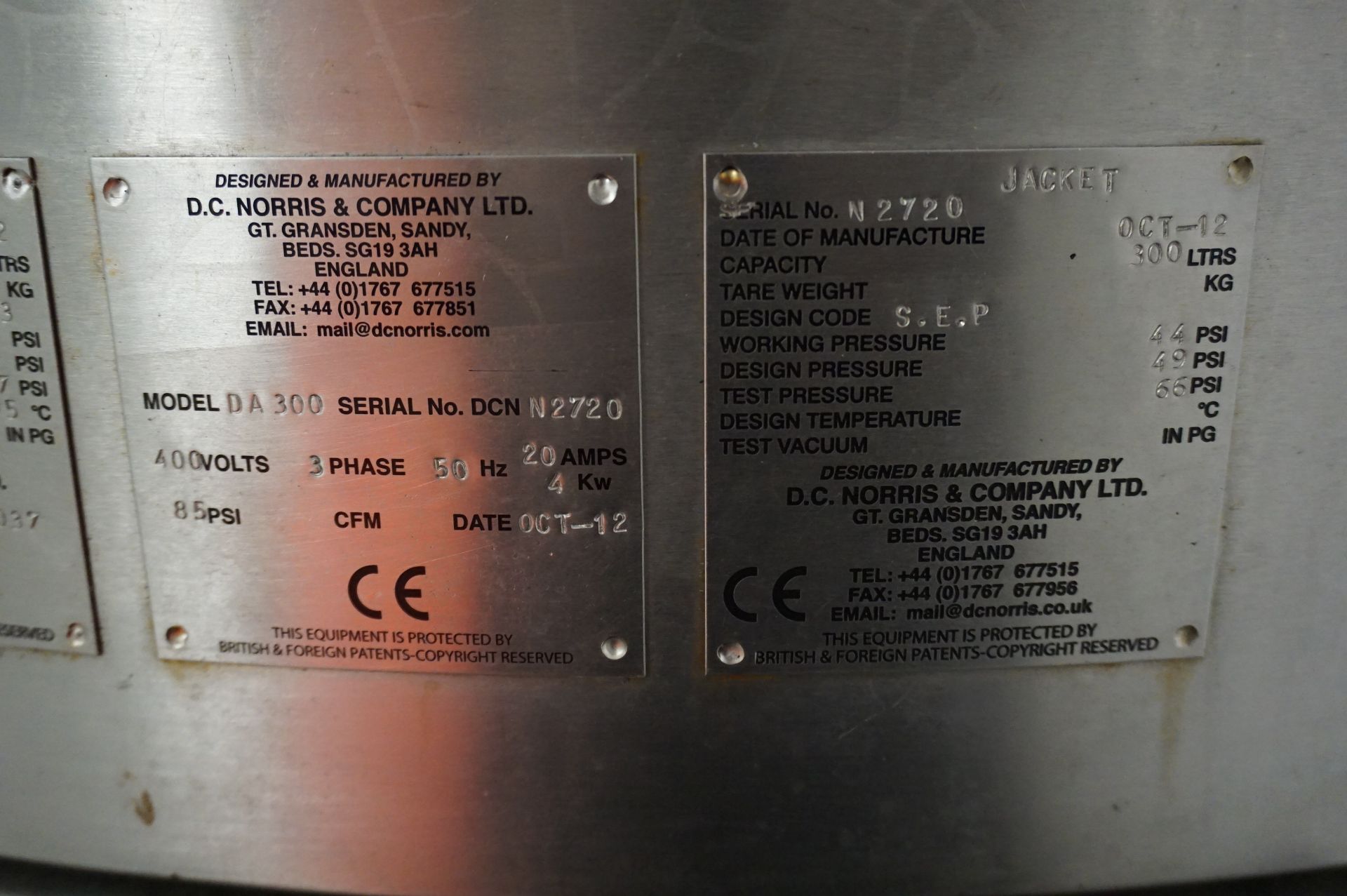 DC Norris, Model: DA 300, 300L pressurised cook vat, Serial No. N2720 (2012) (may be suitable for - Image 5 of 5