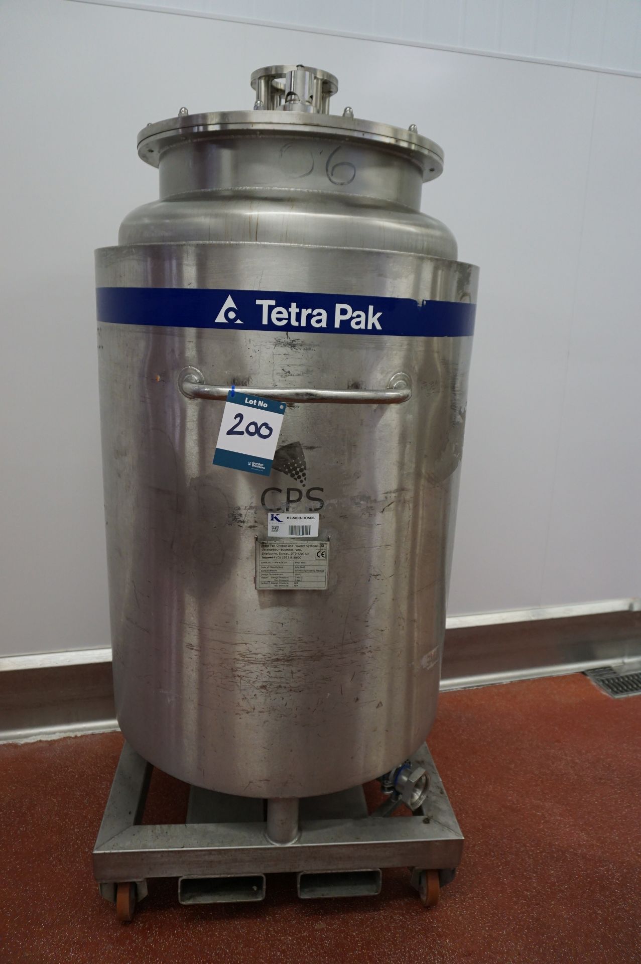 Tetra-Pak, jacketed and pressurised 500kg mobile storage vessel with forklift attachment, Serial No.