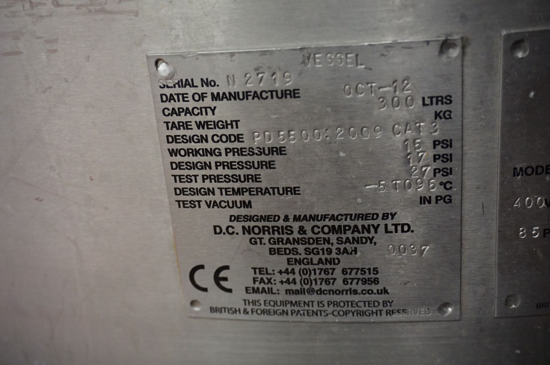 DC Norris, Model: DA 300, 300L pressurised glycol cooling vat, Serial No. N2719 (2012) with - Image 7 of 8