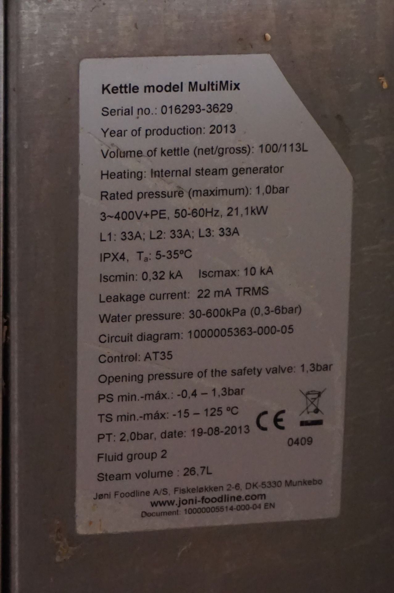 Joni, Model: Kettle Multimix, 100L steam cooking vat, Serial No. 016293-3629 (2013) with controls - Image 5 of 5