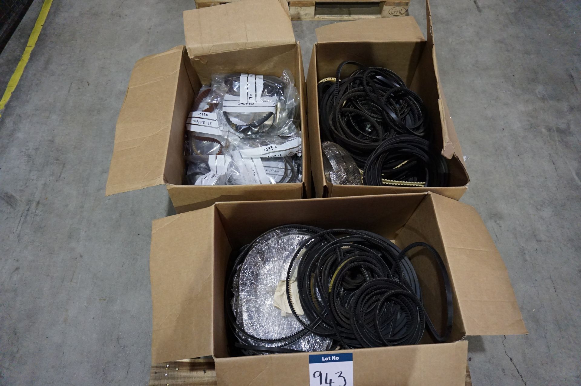 Pallet of various timing and V belts, as lotted (please refer to photos for further detail)