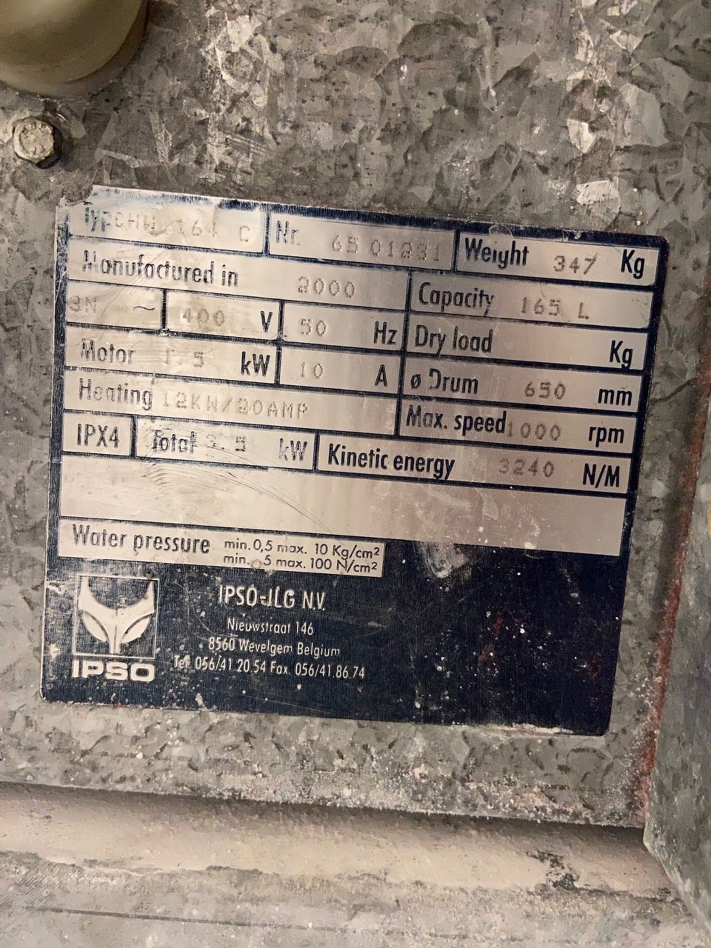 JLA, Type: CHH164, 165L industrial washing machine, Serial No. 6501231 (2000) - Image 2 of 2