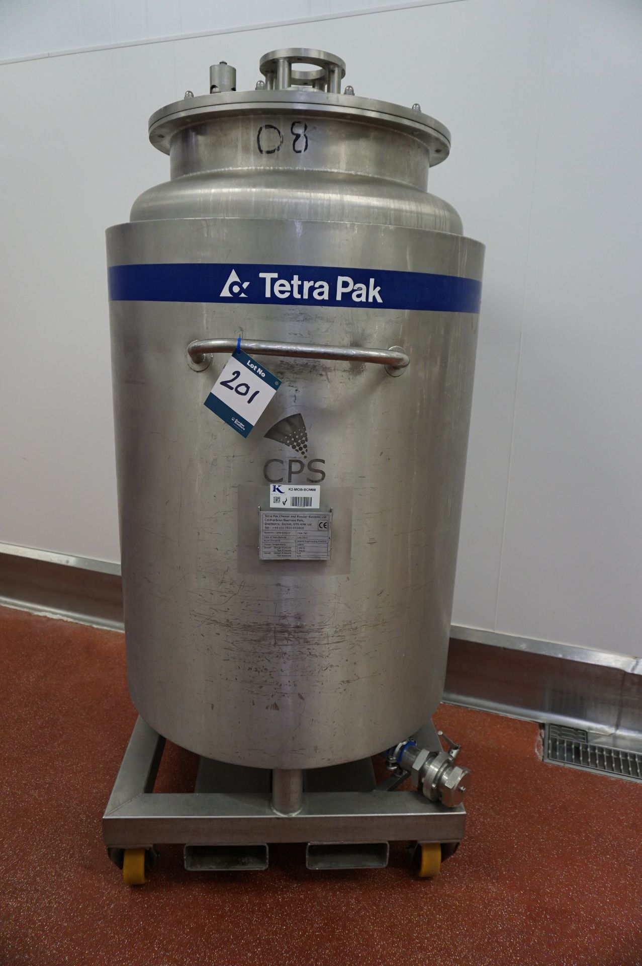 Tetra-Pak, jacketed and pressurised 500kg mobile storage vessel with forklift attachment, Serial No.