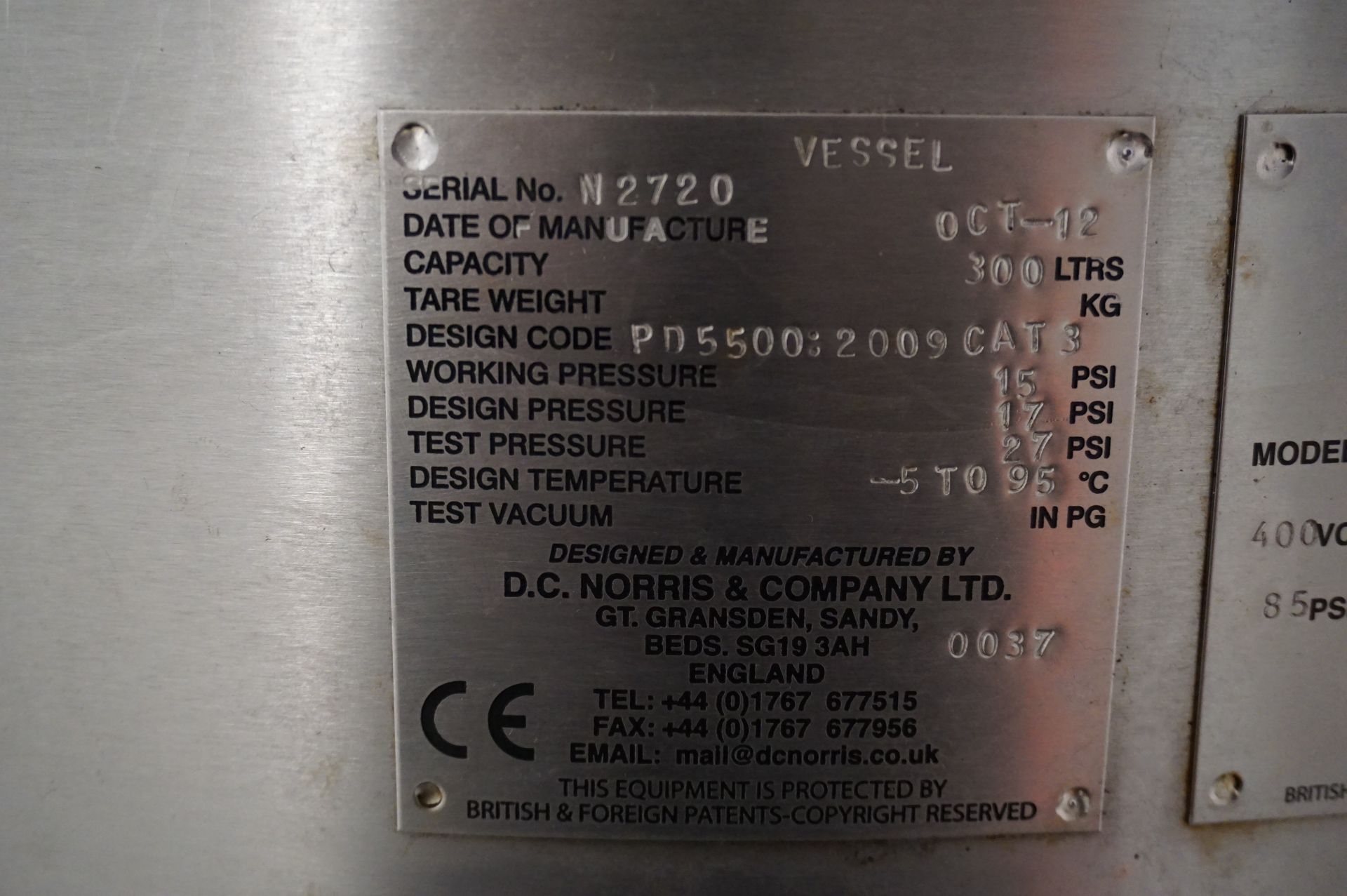 DC Norris, Model: DA 300, 300L pressurised cook vat, Serial No. N2720 (2012) (may be suitable for - Image 4 of 5