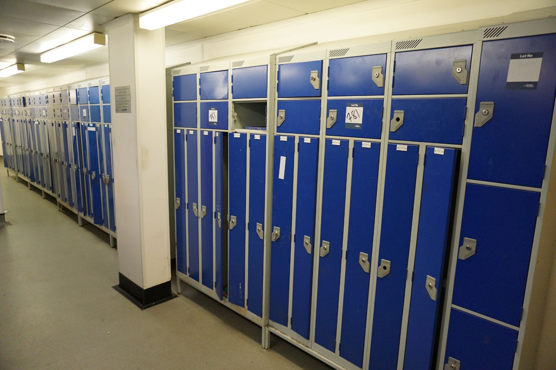 9 x 6 person shoe and coat storage lockers (one door missing) some with/without keys, as lotted