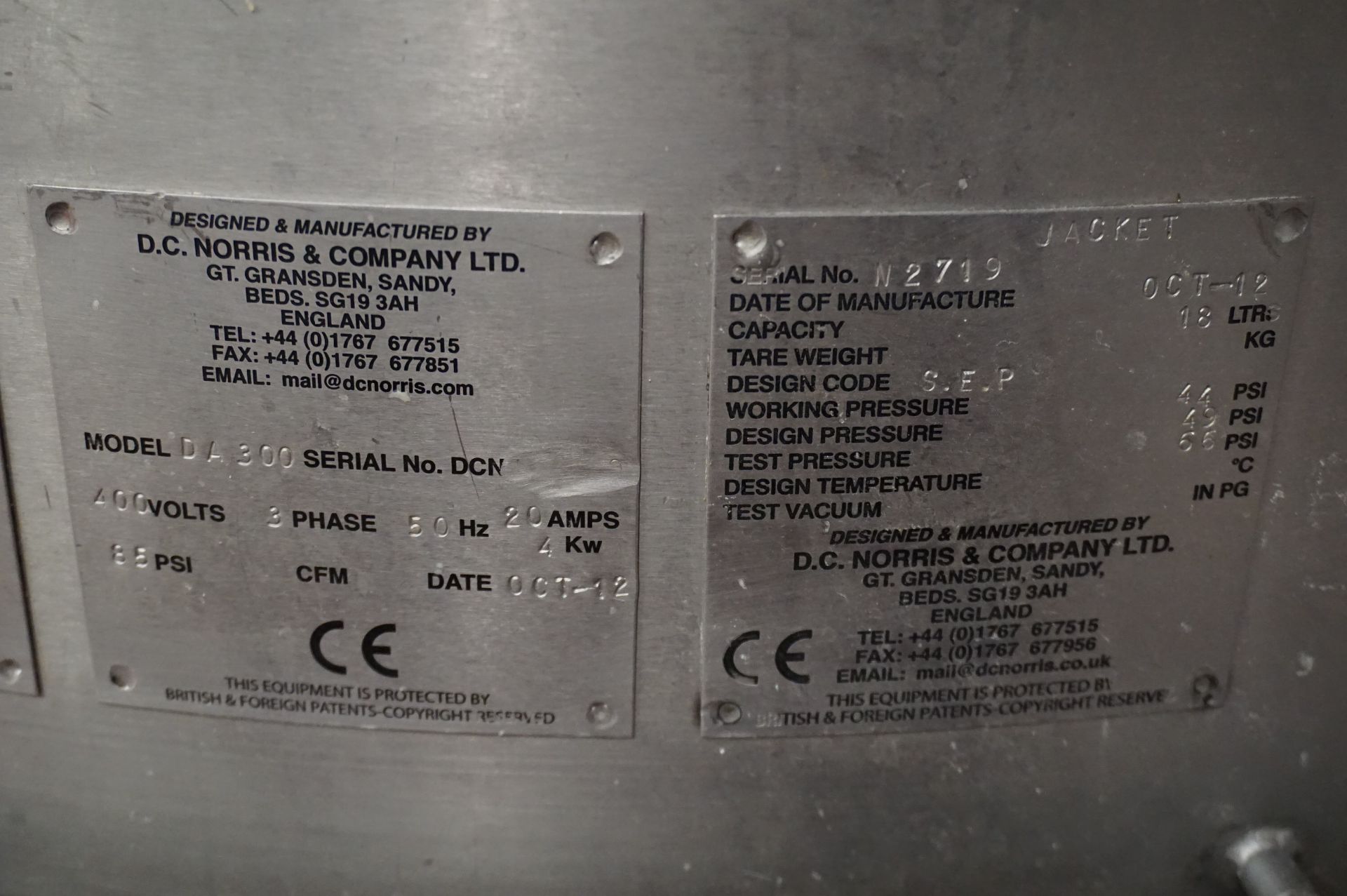 DC Norris, Model: DA 300, 300L pressurised glycol cooling vat, Serial No. N2719 (2012) with - Image 5 of 8