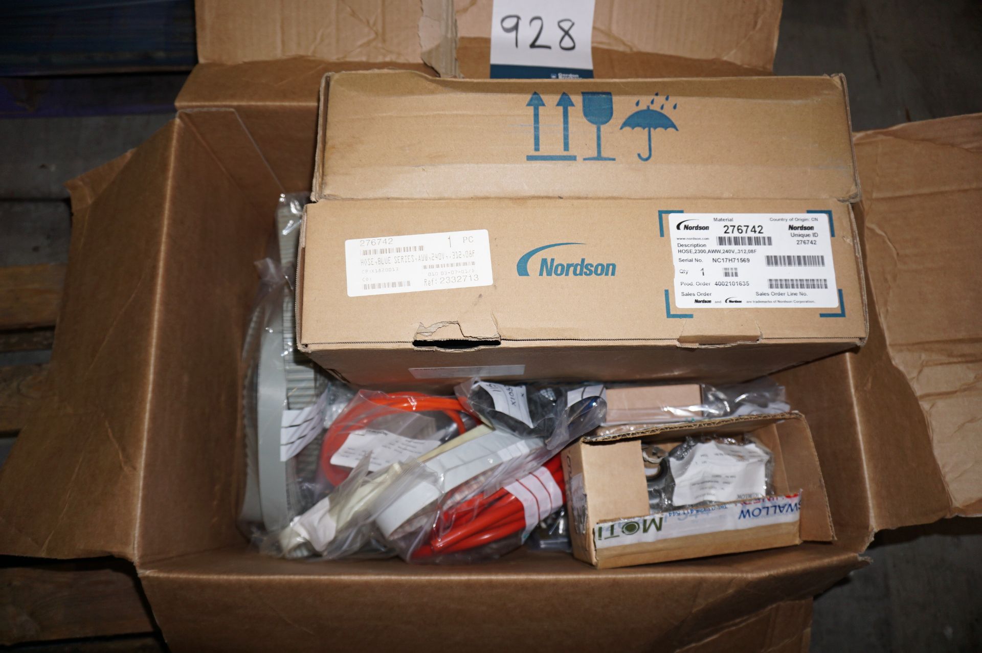Box of Kliklok spares to include: belts, tabs, back plates, clip springs, vacuum pump, gearbox etc.,