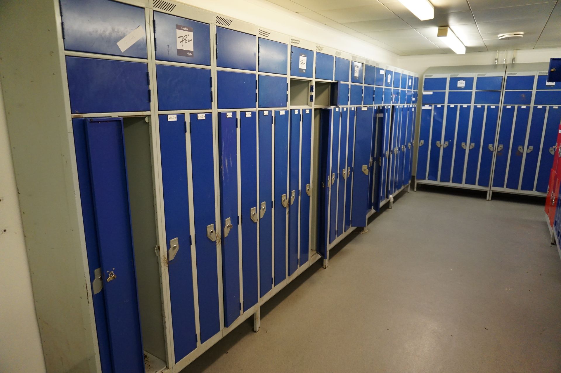 8 x 6 person shoe and coat storage lockers (one door missing) some with/without keys, as lotted