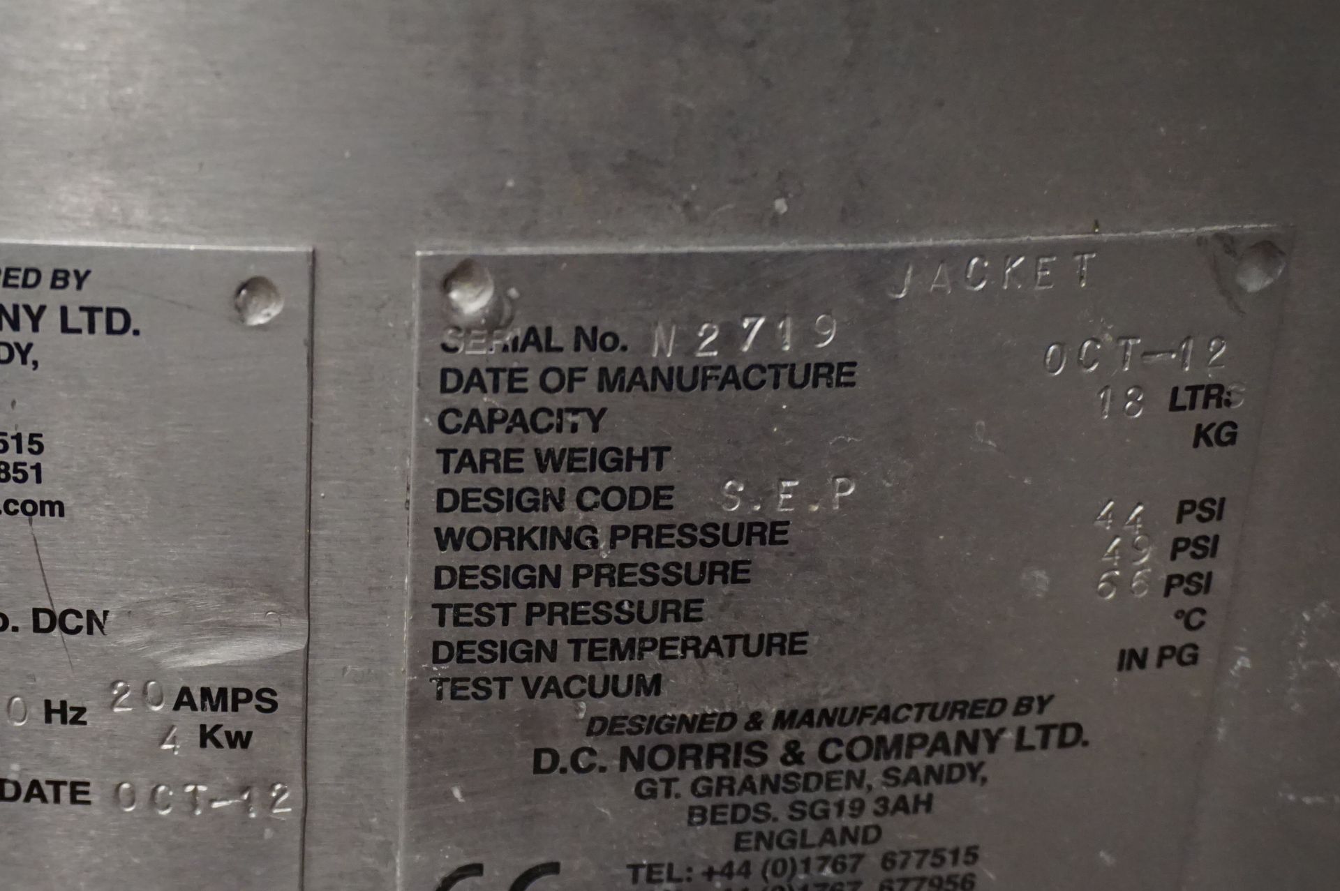 DC Norris, Model: DA 300, 300L pressurised glycol cooling vat, Serial No. N2719 (2012) with - Image 6 of 8