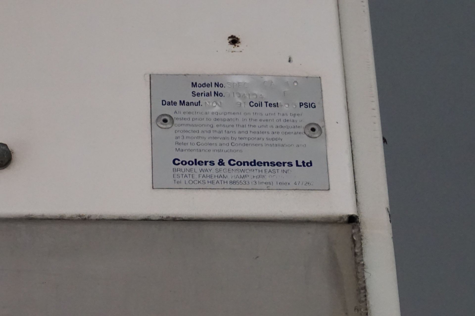 Coolers & Condensers, Model: CA10, twin fan chiller unit, Serial No. 9104104 (1991) (Lift out charge - Image 2 of 2