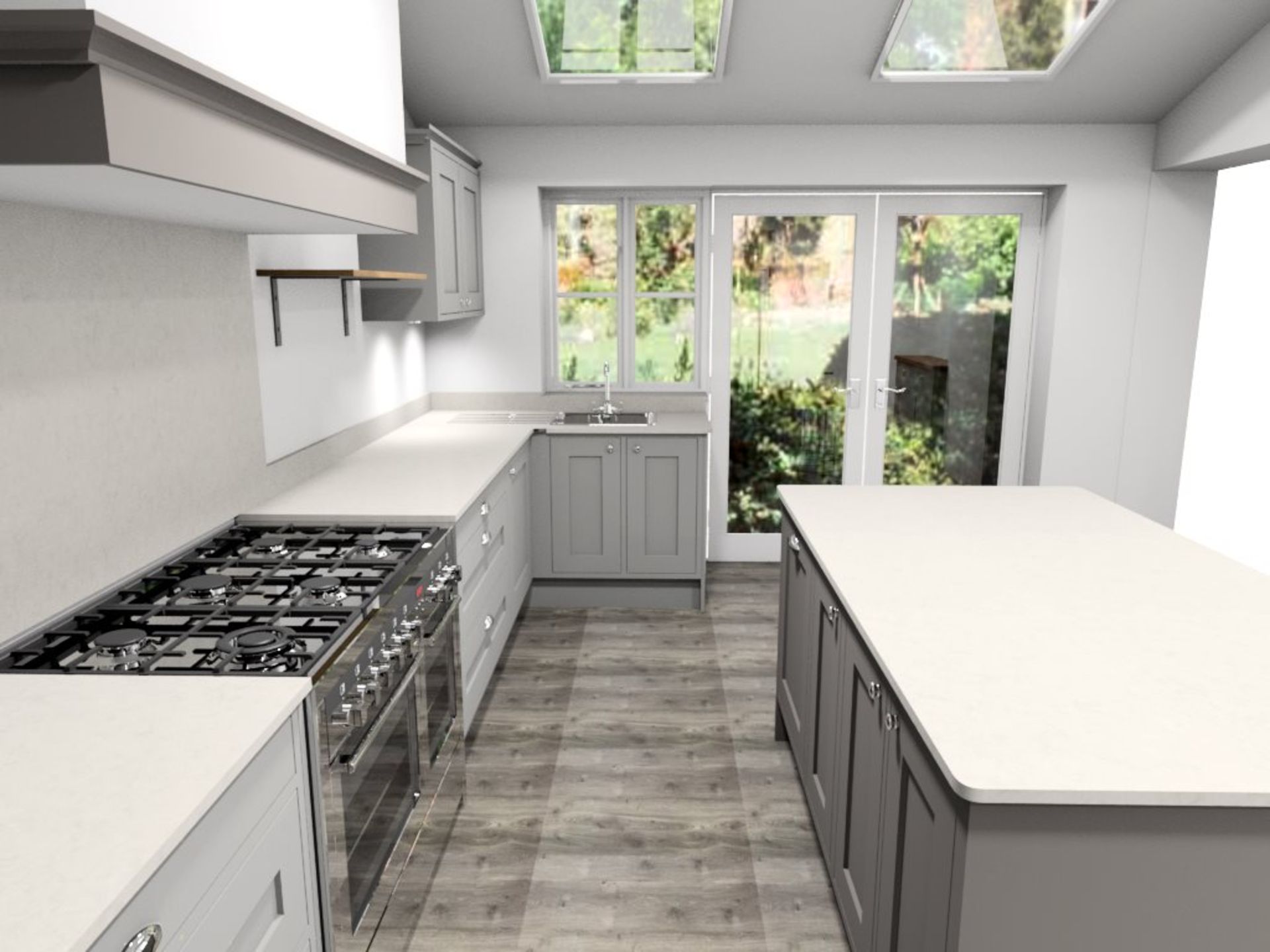 Complete "Grantham" framed 2-colour kitchen (Tall + Island - Charles Grey, Base + Wall - Pure - Image 5 of 13