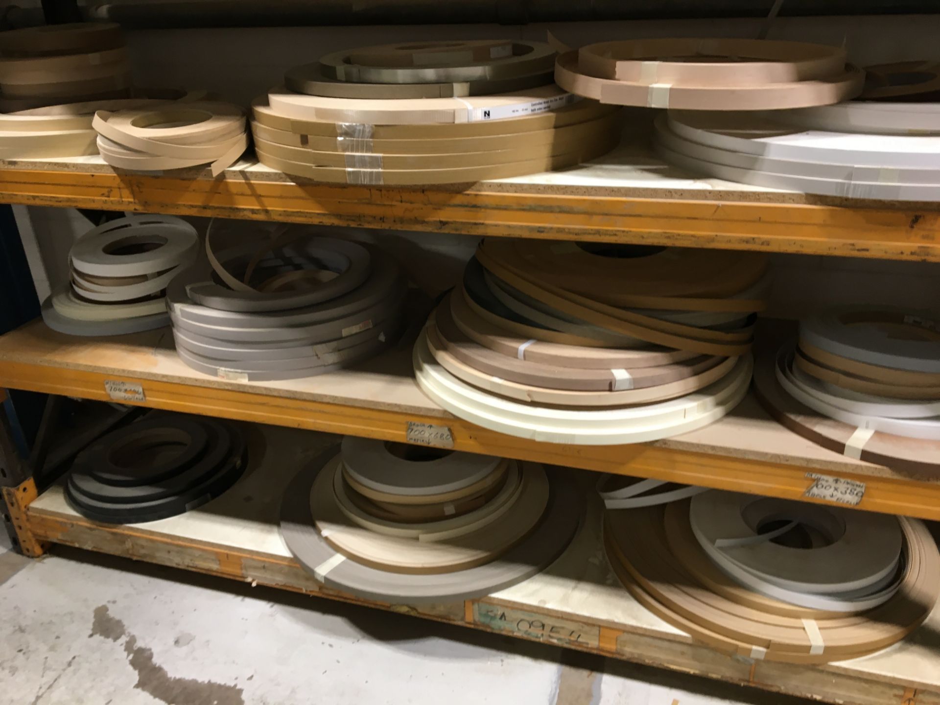 Quantity of various size, specification & finish edge banding reels as lotted (Pallet racking not - Image 7 of 9