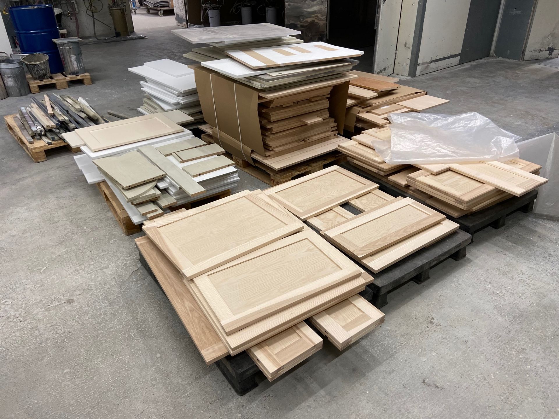 8 x pallets of assorted part worked doors including; MDF, veneered and solid ash wood (Location: Two