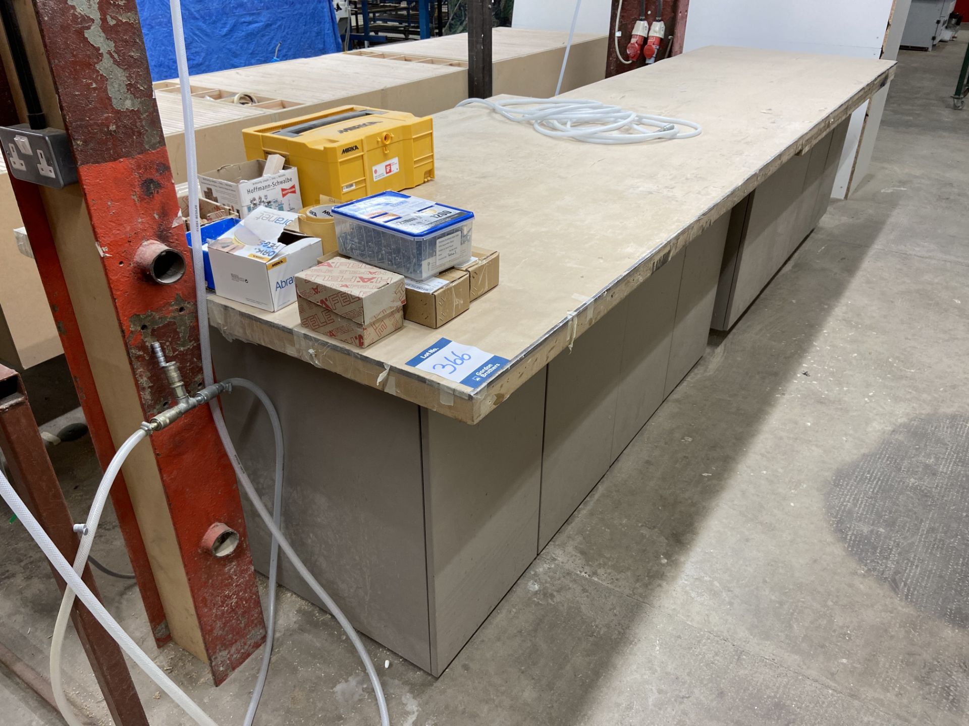 Purpose built wooden workbench with undercounter storage; L - 4,000mm x W - 1,200mm (recessed to 1,