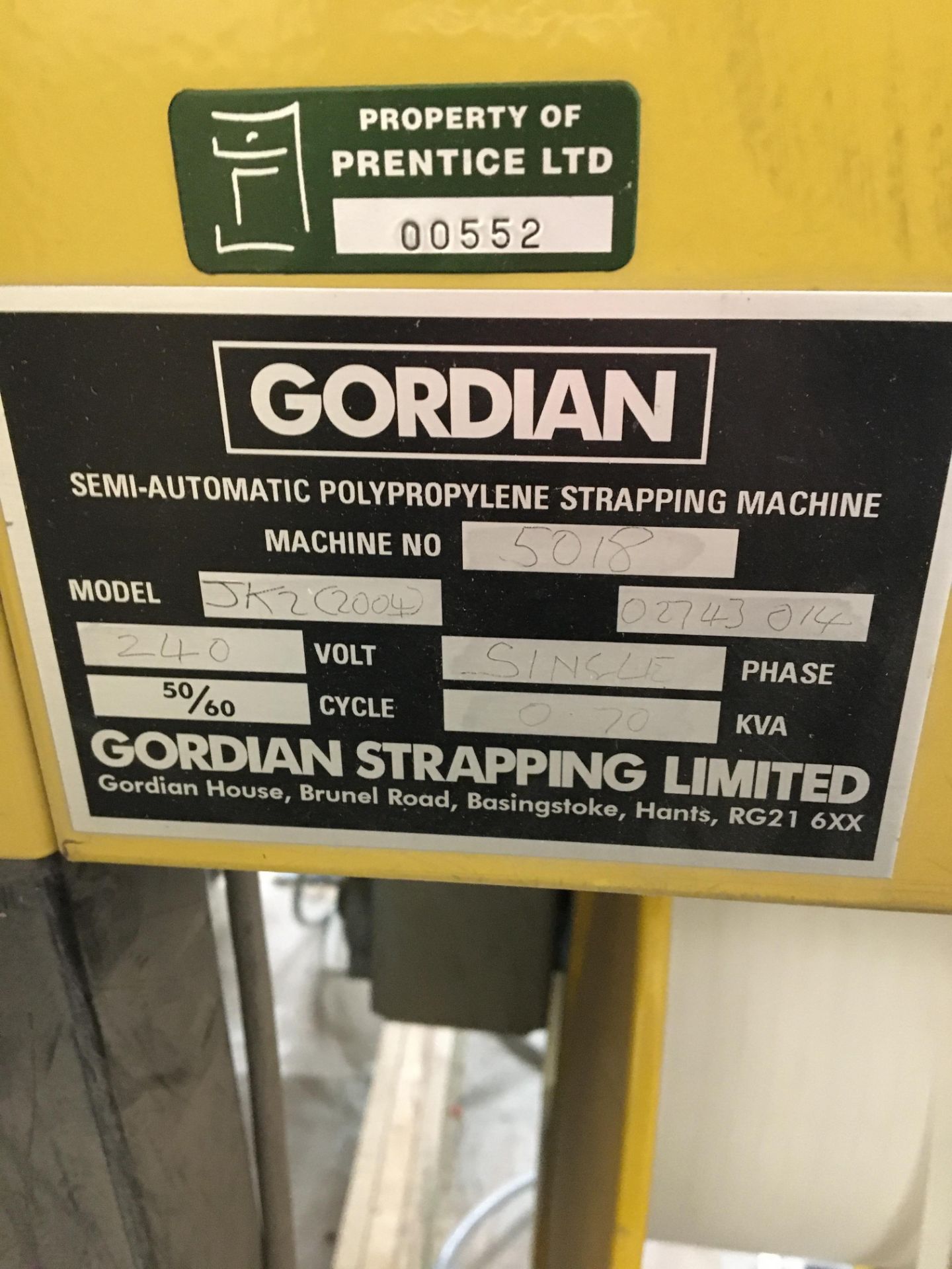 Gordian, JK2 semi-automatic polypropylene strapping machine, Serial No. 5018 (2004) (Location: Two - Image 4 of 4