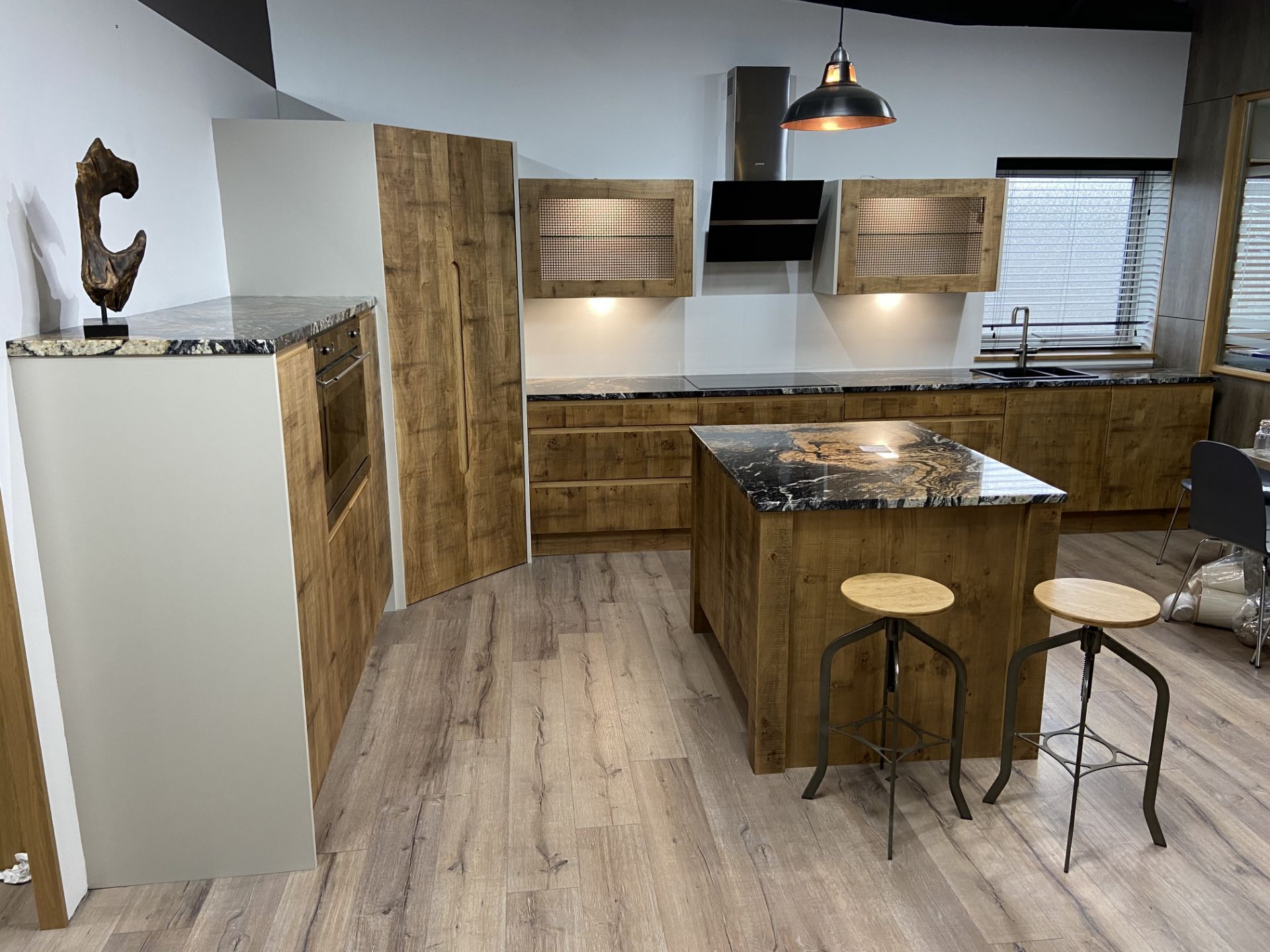 "Bakewell" urban rustic solid oak planked (with 'J' handle) ex-display kitchen with soft close doors