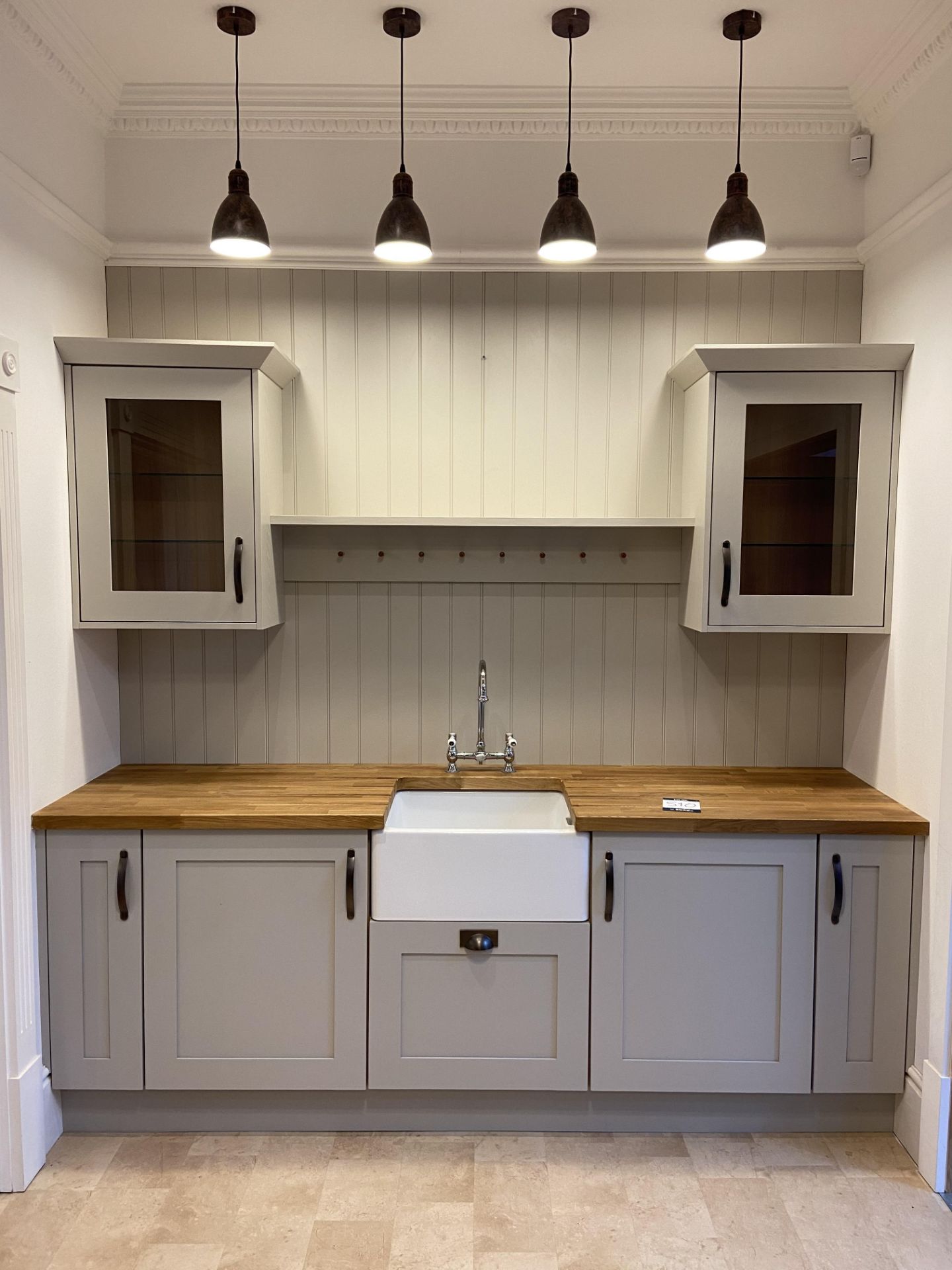 "Newark" shaker style solid oak ex-display kitchen with solid oak worktop incorporating Belfast sink