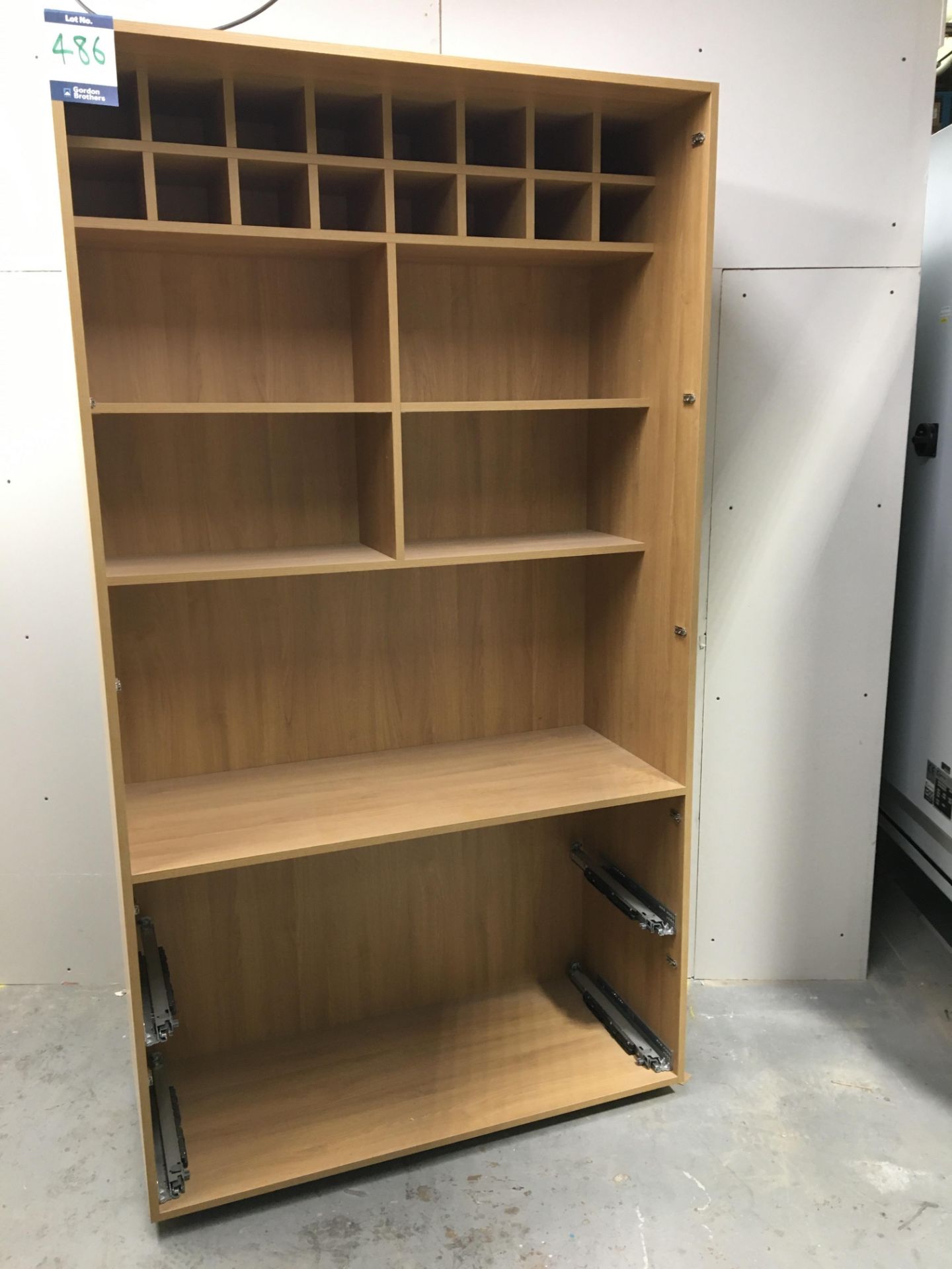 Light Oak MFC larder cabinet, 2,150mm x 1,200mm x 555mm x 45V with wine rack internal to top; no