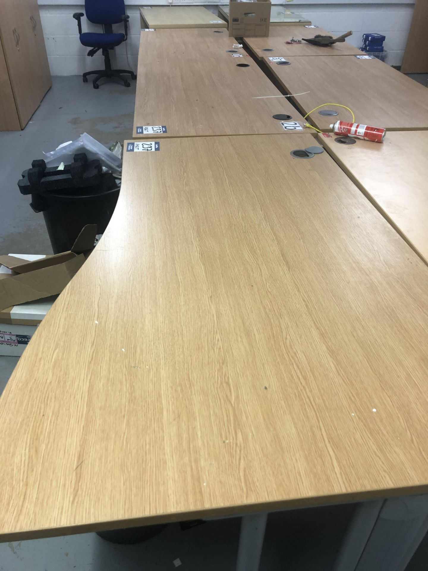 2x light oak veneer shaped desks 1600 x 1000mm