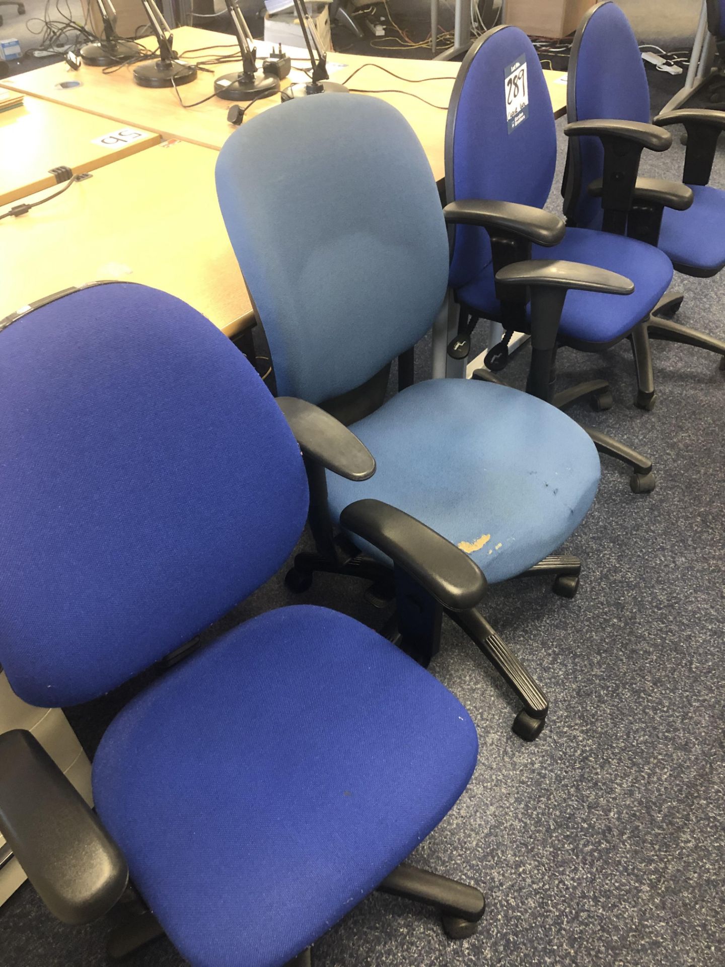 4x blue cloth upholstered operator chairs